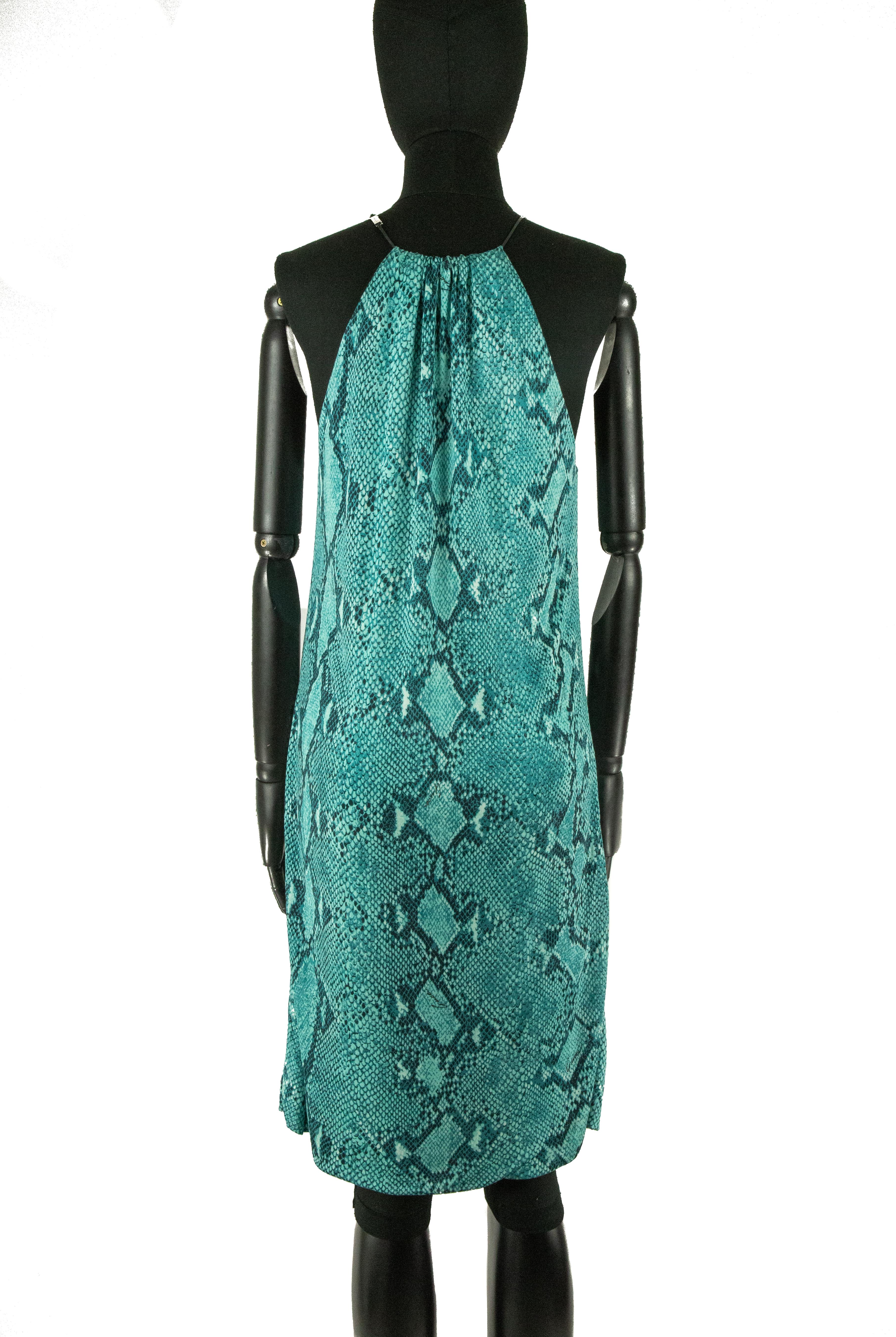 Spring 2000 Gucci by Tom Ford Kleid mit grünem, türkisfarbenem und schwarzem Schlangenhautdruck (Grün) im Angebot