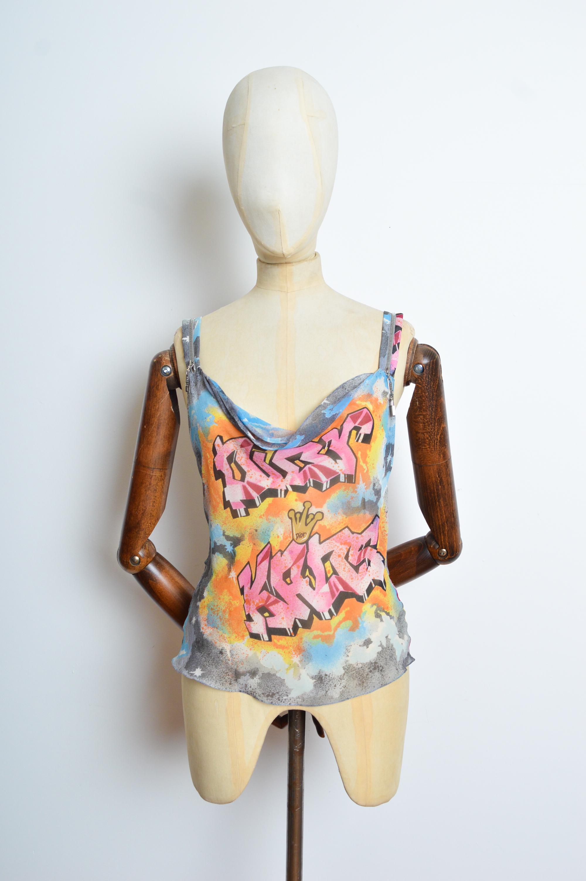 Beige Spring 2003 Christian Dior by John GALLIANO Graffiti Kaos Silk Cami Vest Top For Sale