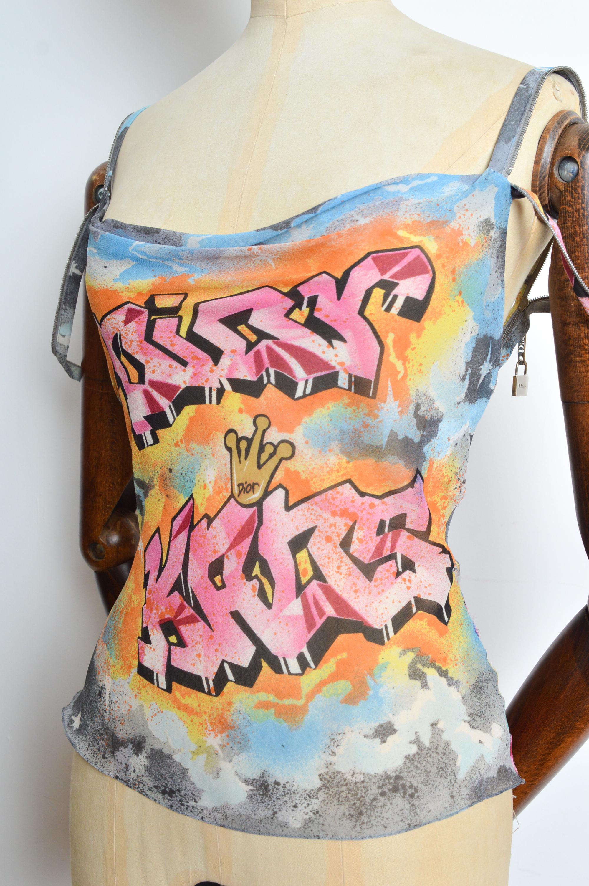 Spring 2003 Christian Dior by John GALLIANO Graffiti Kaos Silk Cami Vest Top For Sale 4