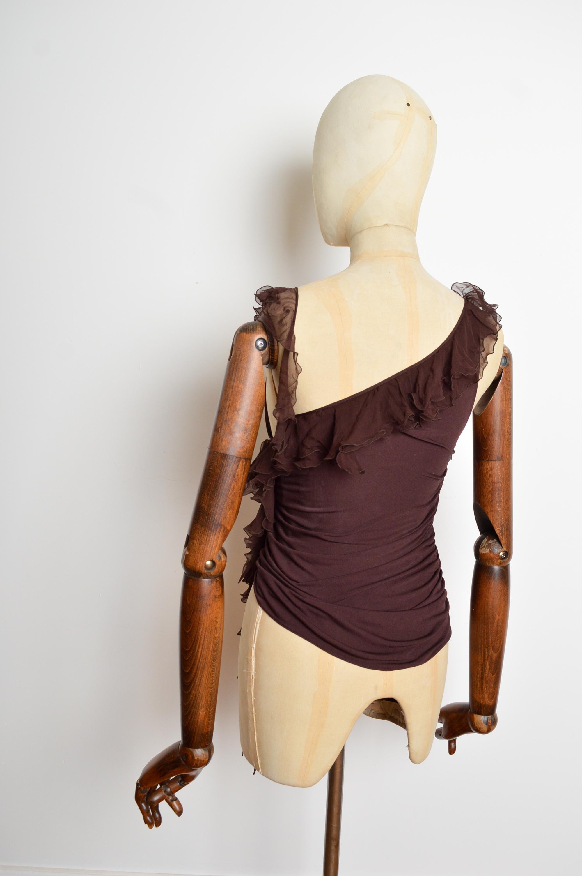 Chemisier à volants en soie marron chocolat Emanuel Ungaro printemps 2003 - Top en vente 7