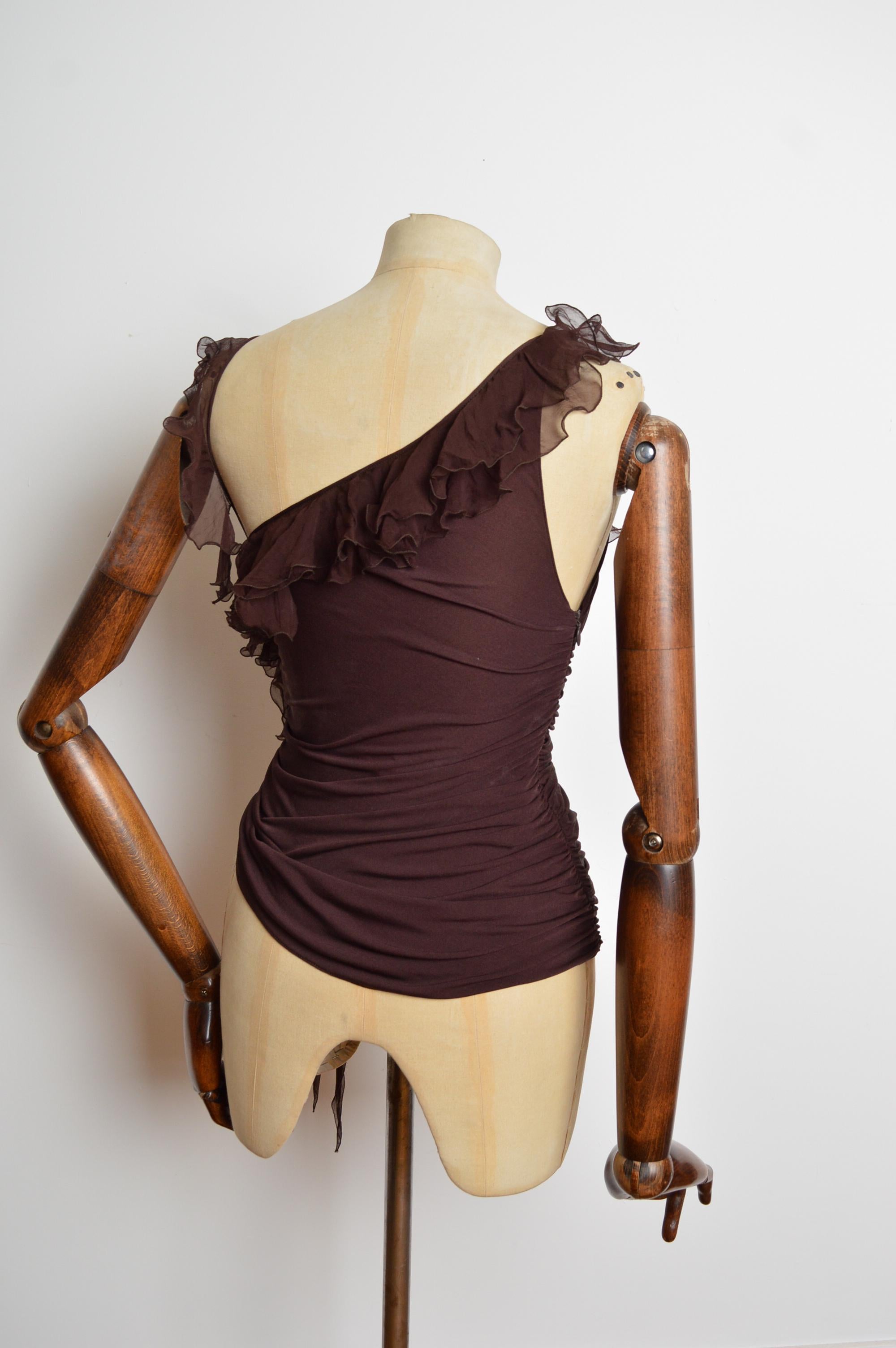 Chemisier à volants en soie marron chocolat Emanuel Ungaro printemps 2003 - Top en vente 8