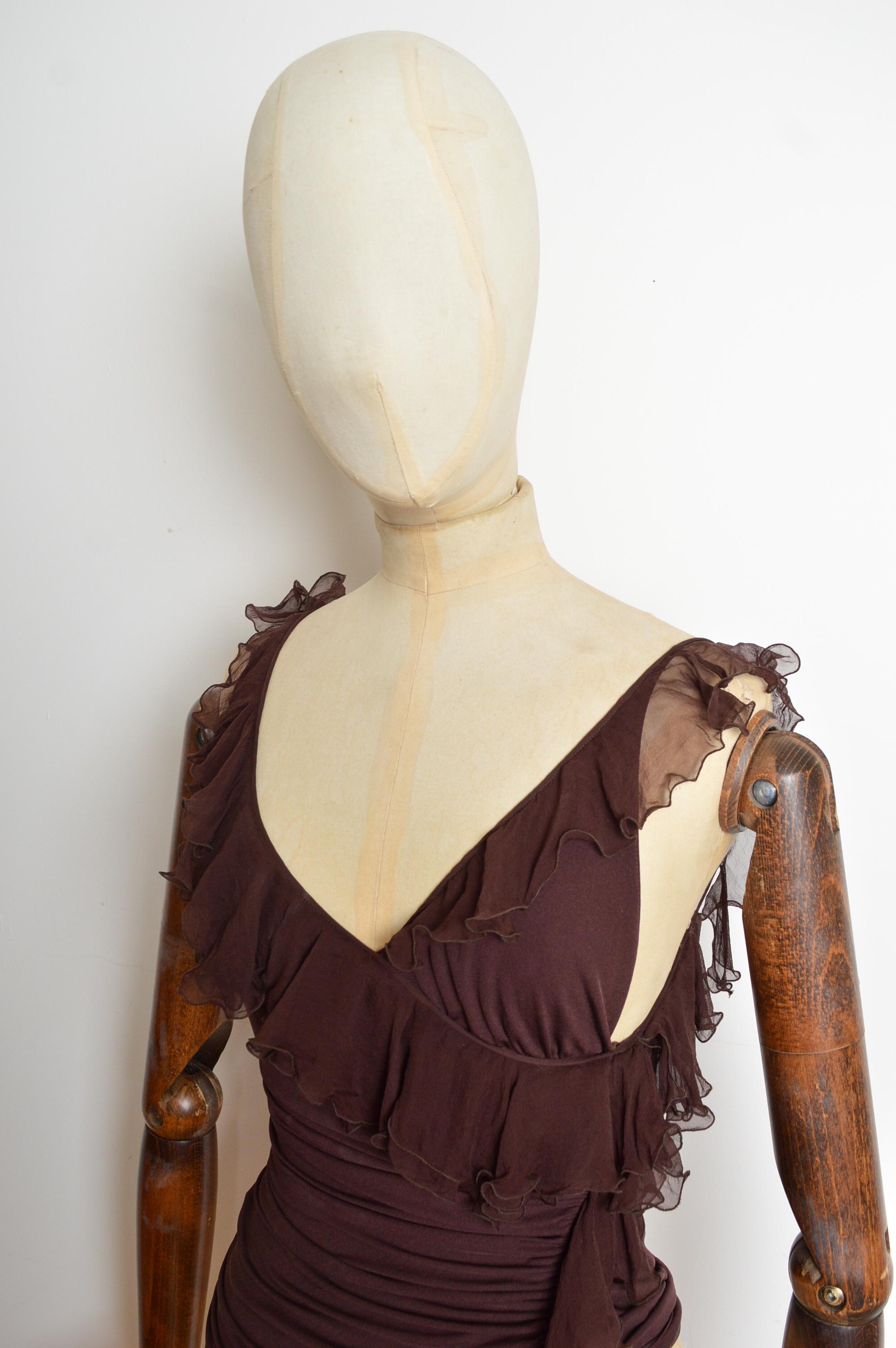 Marron Chemisier à volants en soie marron chocolat Emanuel Ungaro printemps 2003 - Top en vente