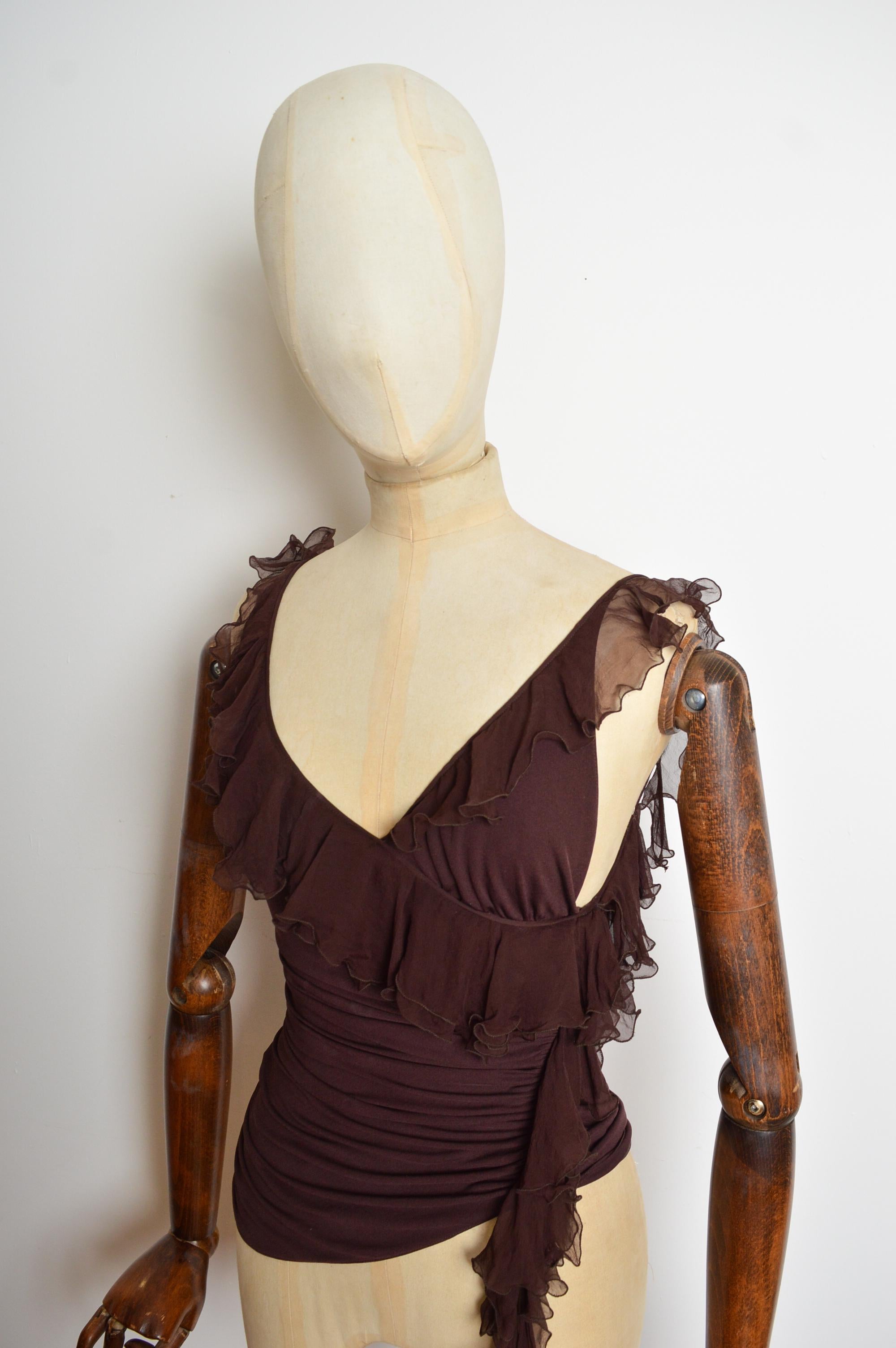 Chemisier à volants en soie marron chocolat Emanuel Ungaro printemps 2003 - Top État moyen - En vente à Sheffield, GB
