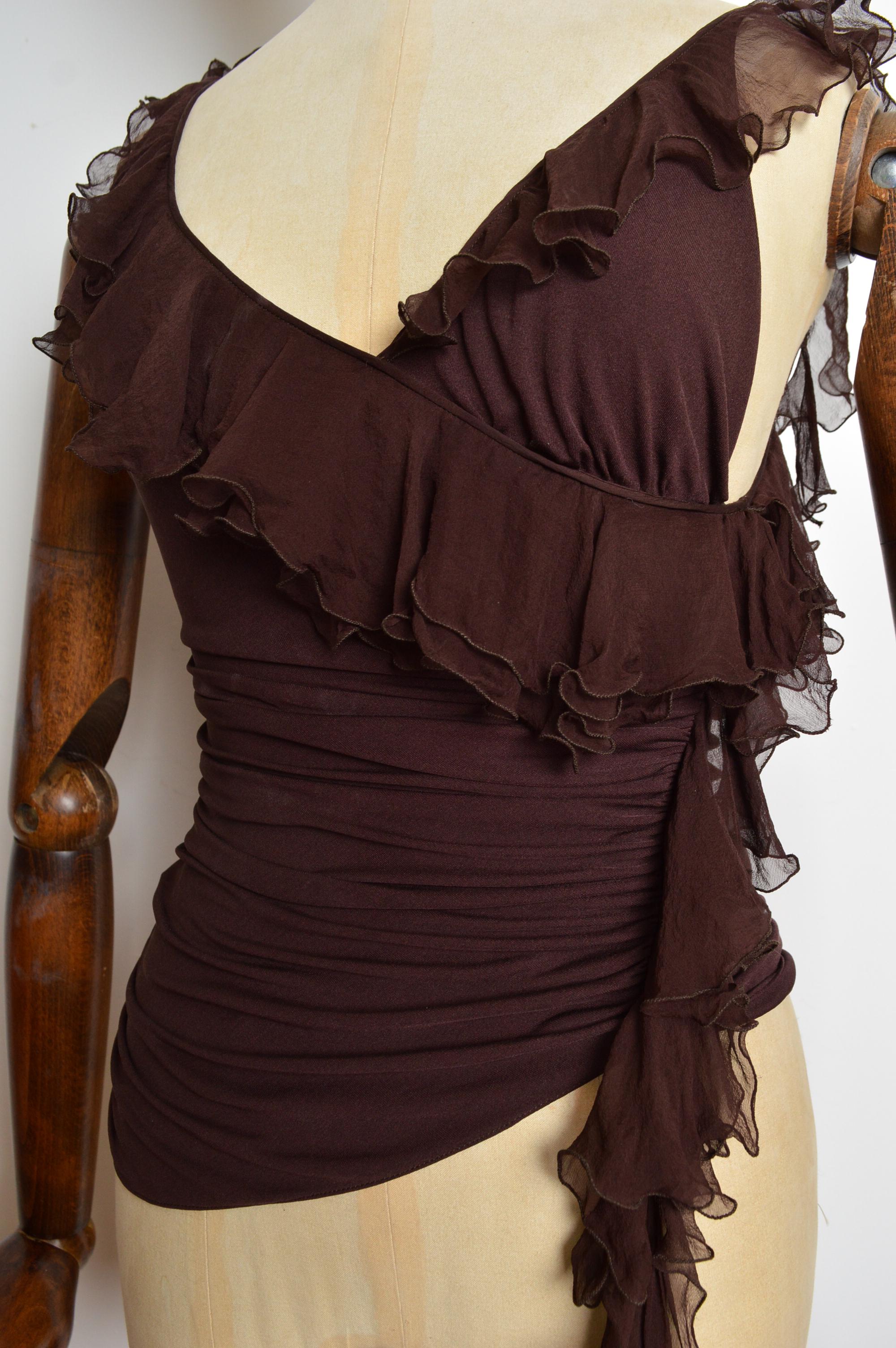 Chemisier à volants en soie marron chocolat Emanuel Ungaro printemps 2003 - Top en vente 3