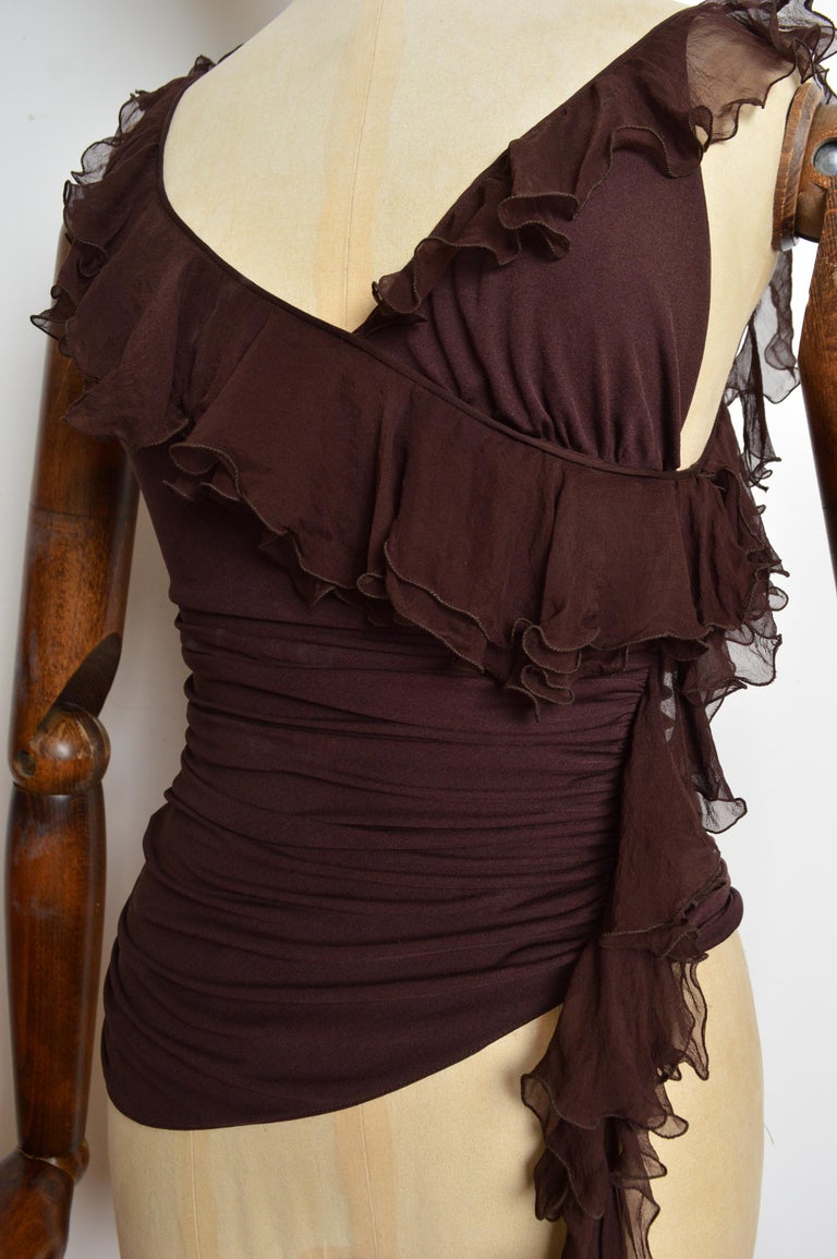 Chemisier à volants en soie marron chocolat Emanuel Ungaro