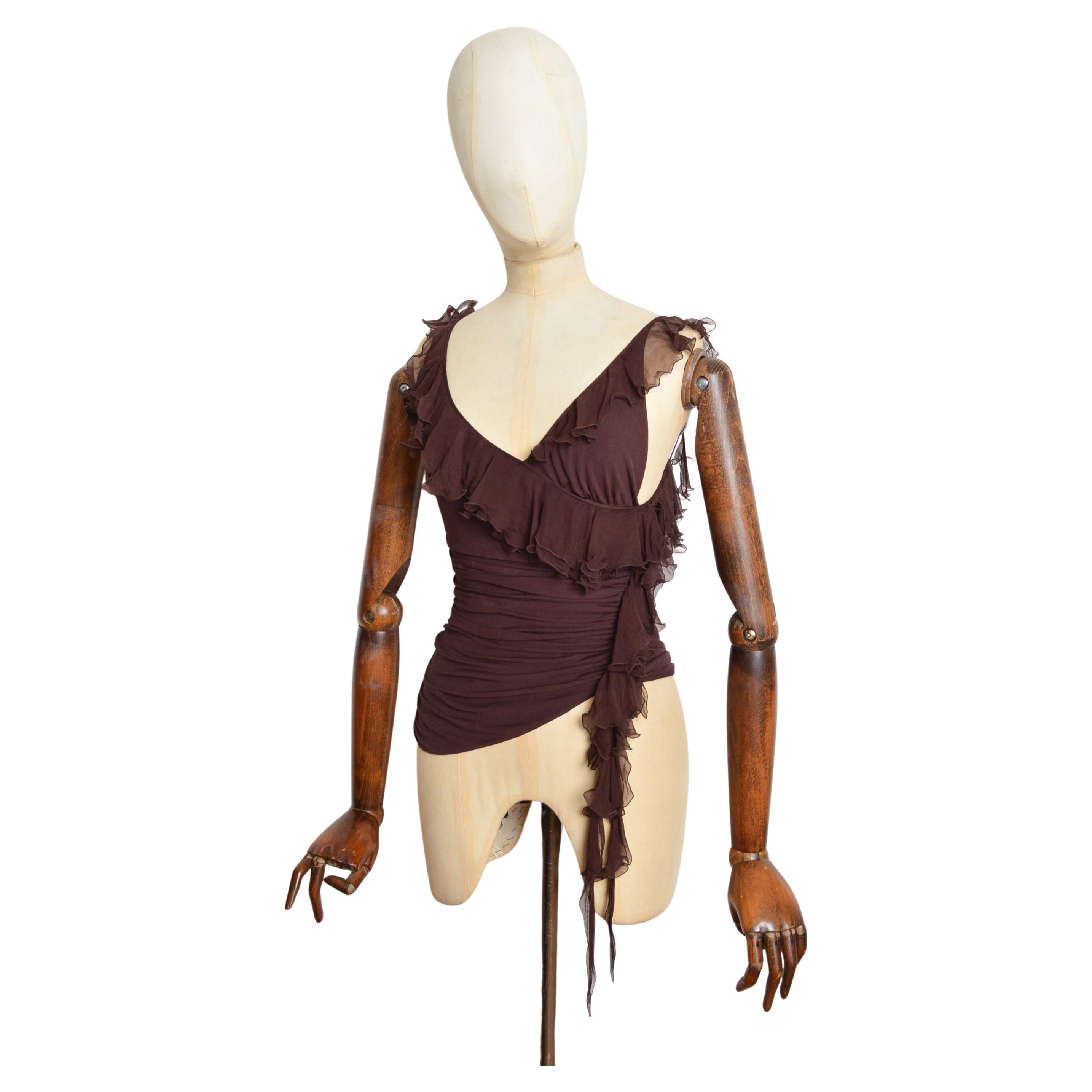 Chemisier à volants en soie marron chocolat Emanuel Ungaro printemps 2003 - Top en vente