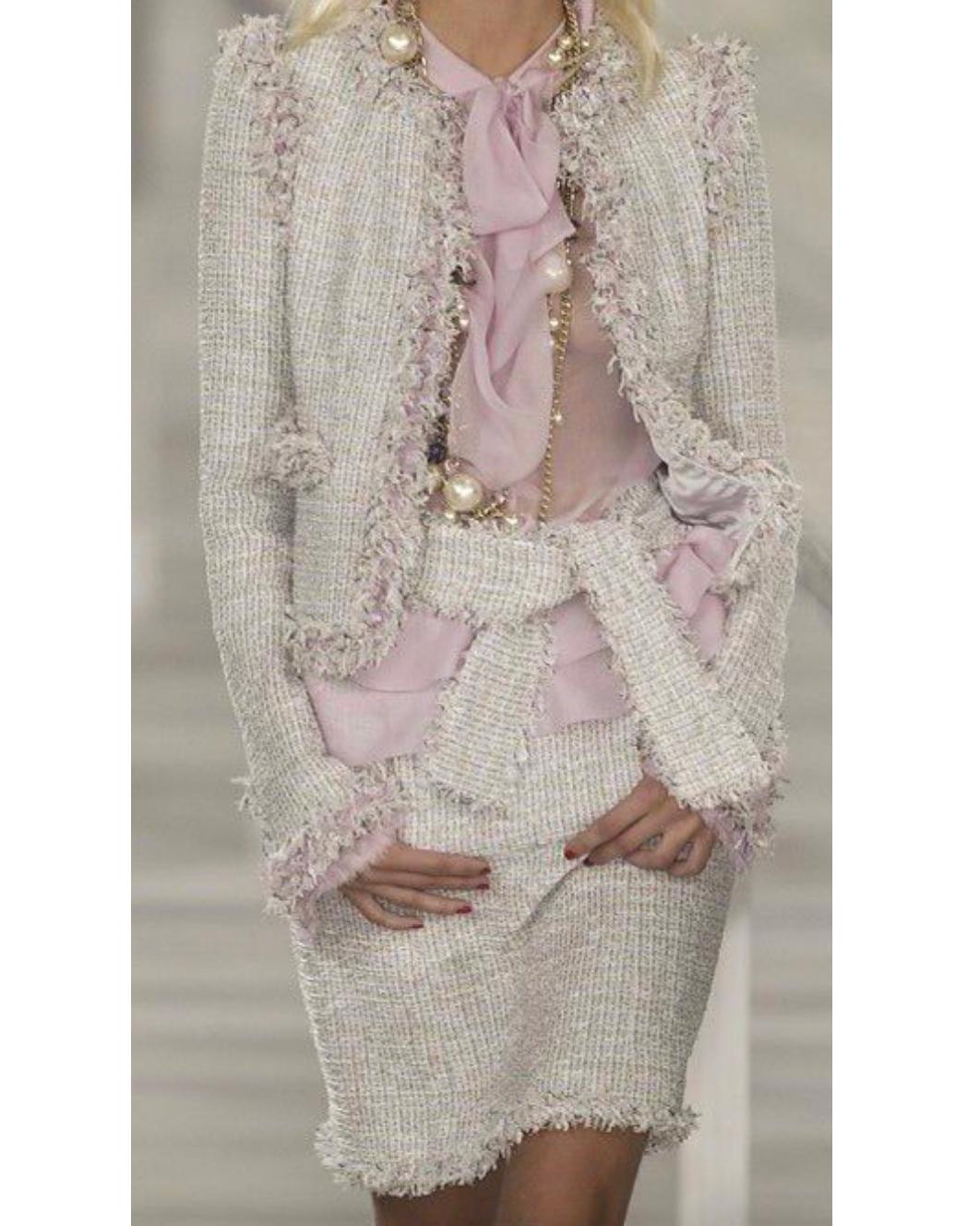 Spring 2004 Chanel Pale Pink Tweed Skirt Suit with Fringe Trim  6