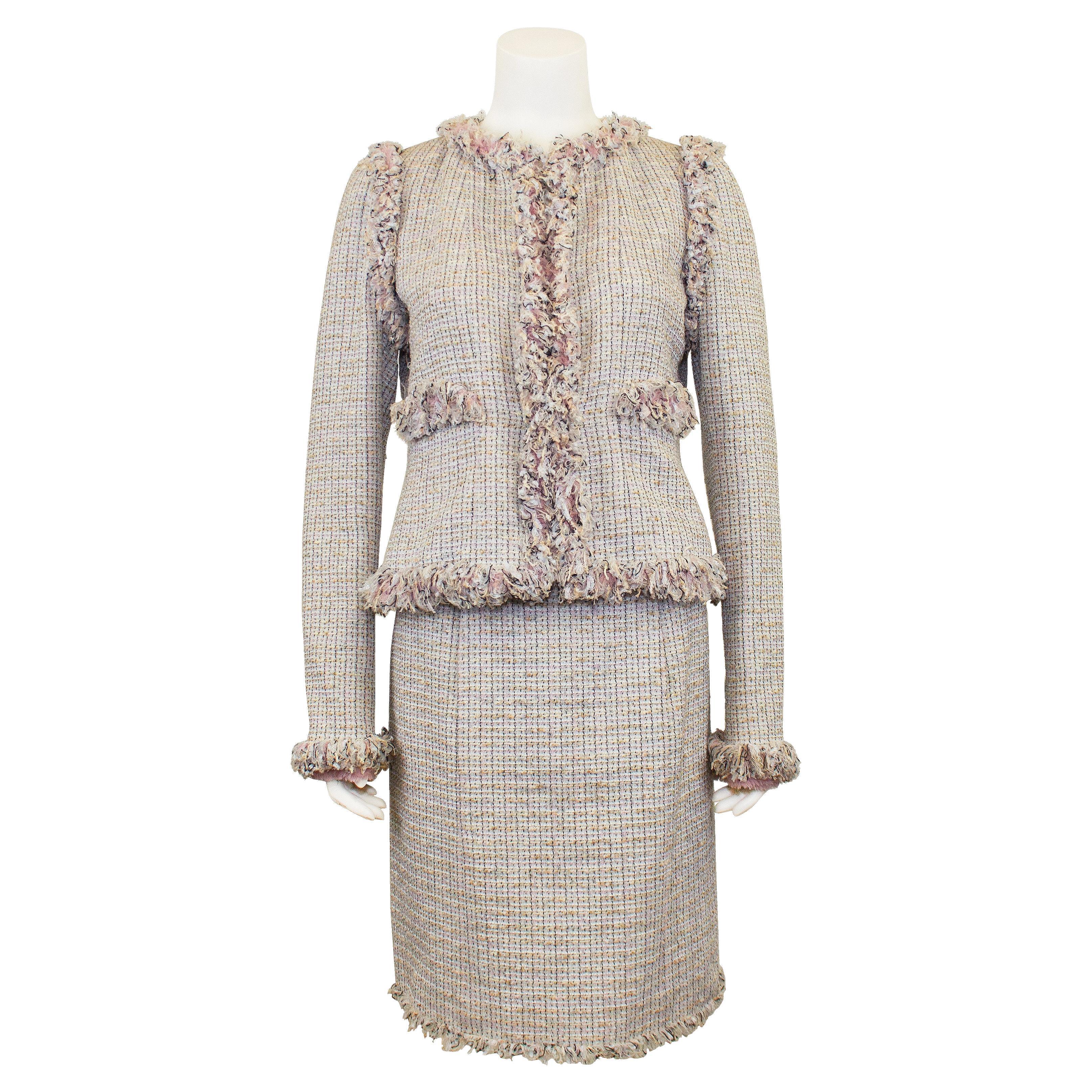 Spring 2004 Chanel Pale Pink Tweed Skirt Suit with Fringe Trim 