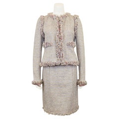 Spring 2004 Chanel Pale Pink Tweed Skirt Suit with Fringe Trim 