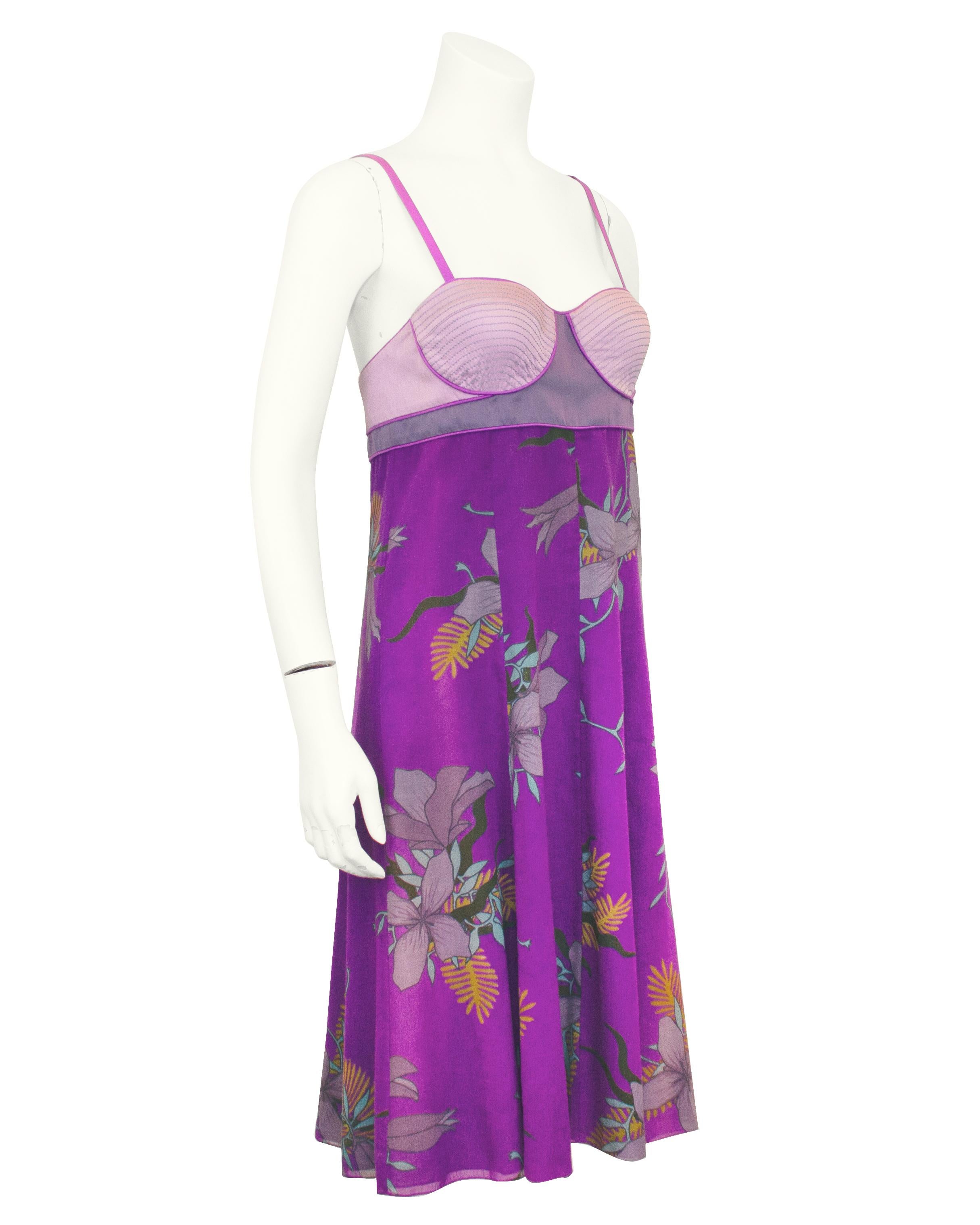 Vibrant and fun Proenza Schouler dress from their first Spring collection in 2005. The iconic dress was made in chiffon for the runway and was worn by model Gemma Ward to close their show. The dress is a variation of shades of purple mixed with a