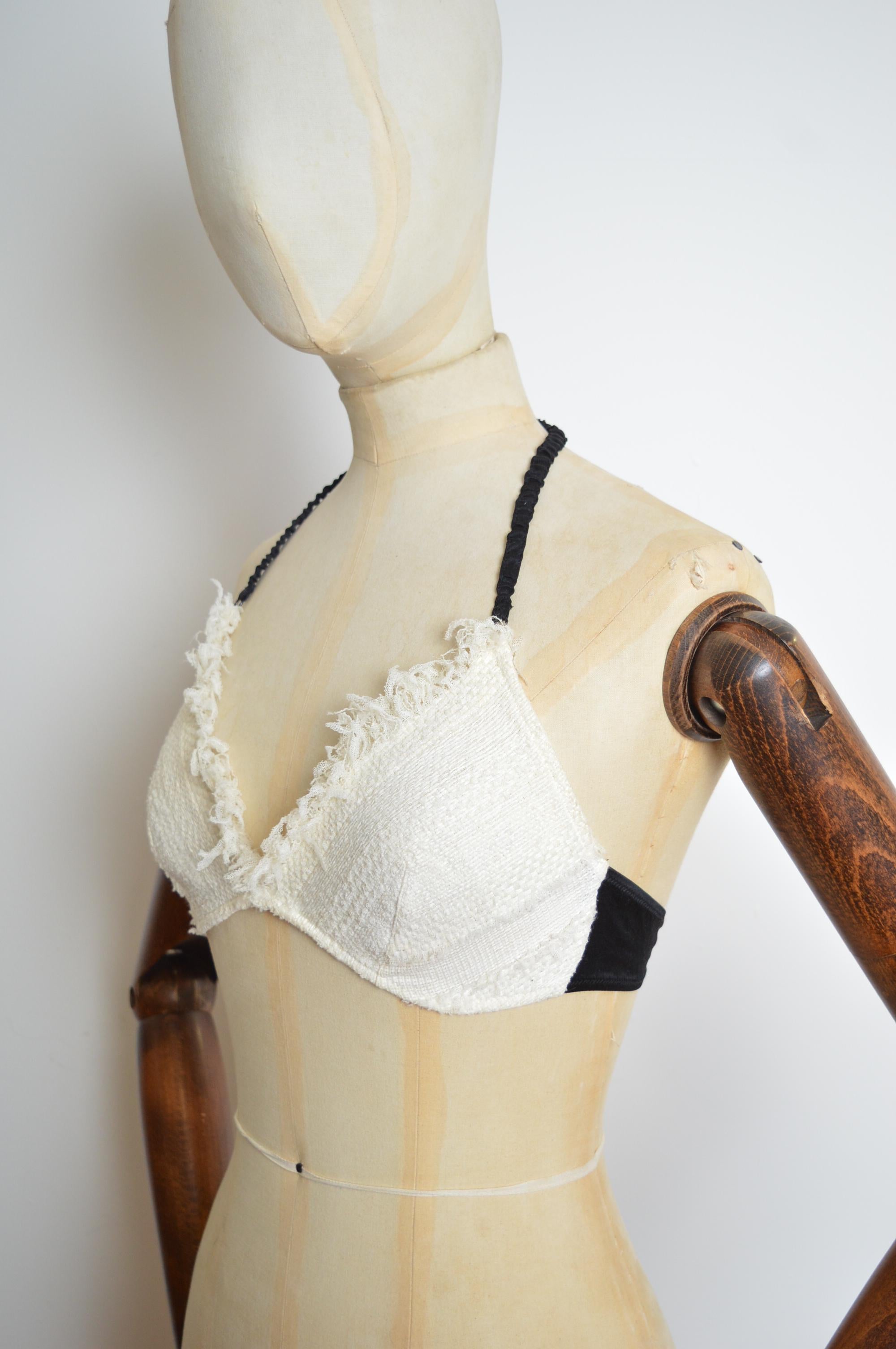 Beige Spring 2008 CHANEL by Karl Lagerfeld Ivory White & Black Tweed Bra let Crop Top For Sale