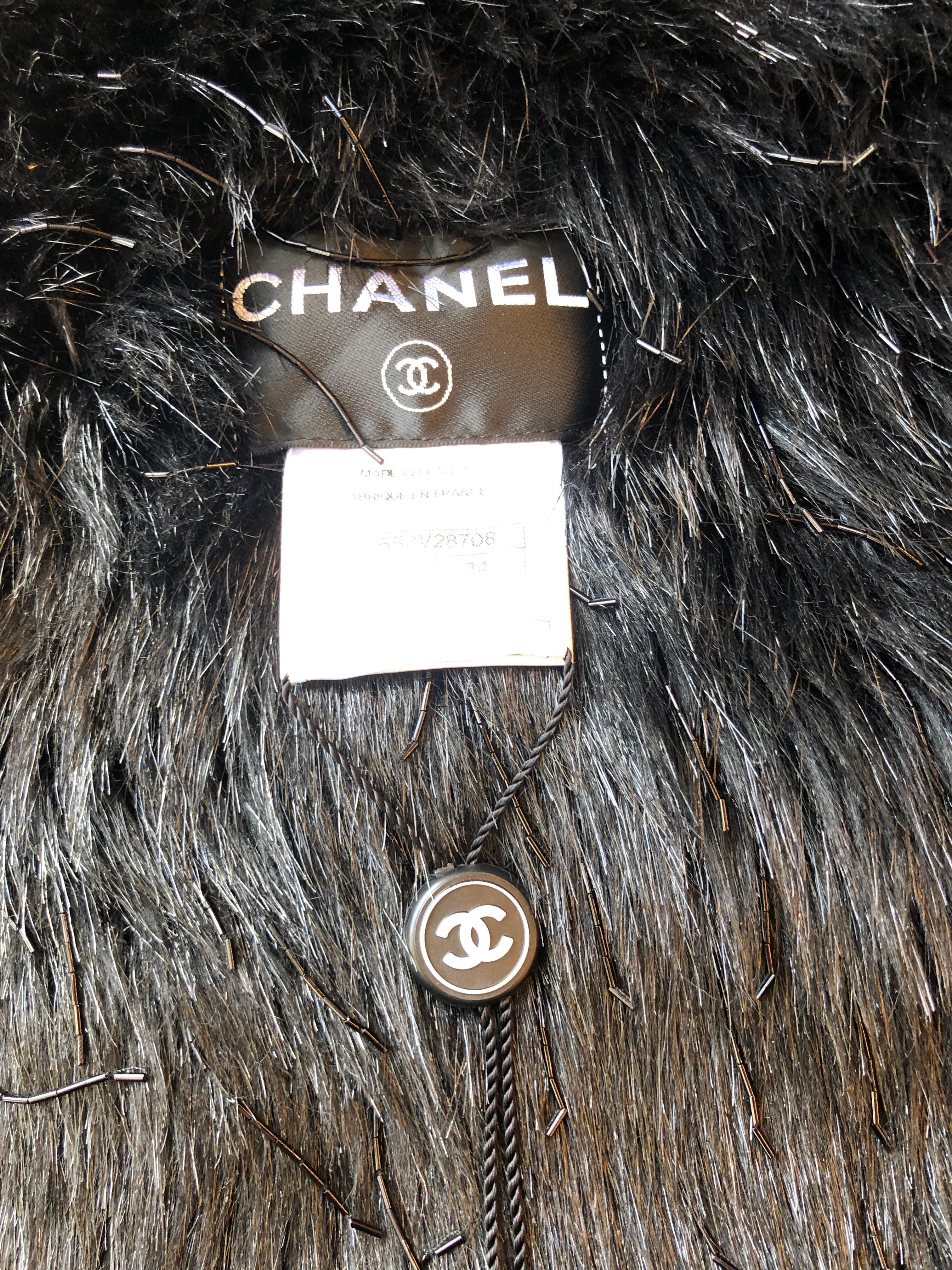 Spring 2010 Chanel Black Faux Fur Vest with Beading 34Fr Never Worn  In New Condition In Port Hope, ON