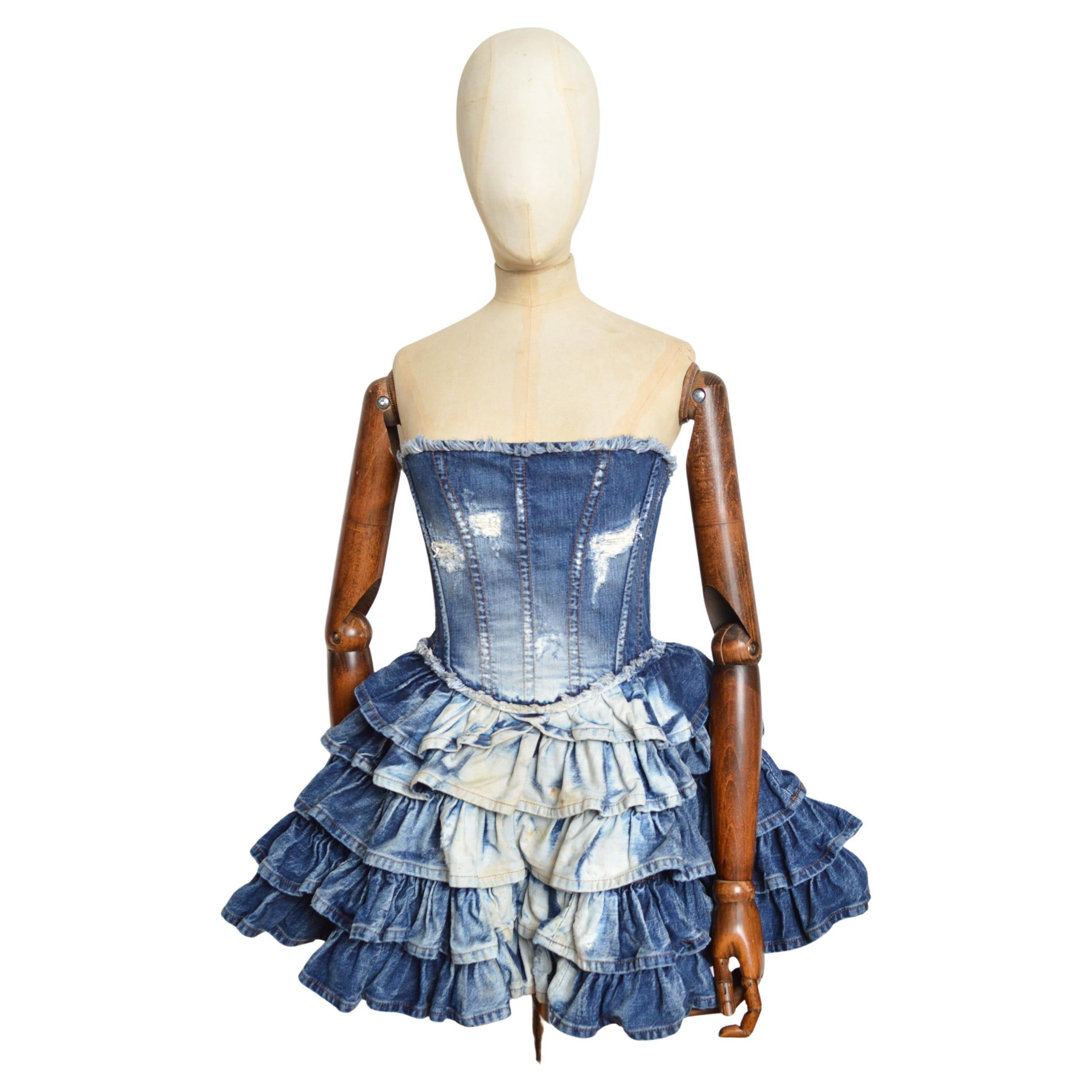 Spring 2010 Dolce & Gabbana Distressed Blue denim Strapless Ruffle Mini Dress