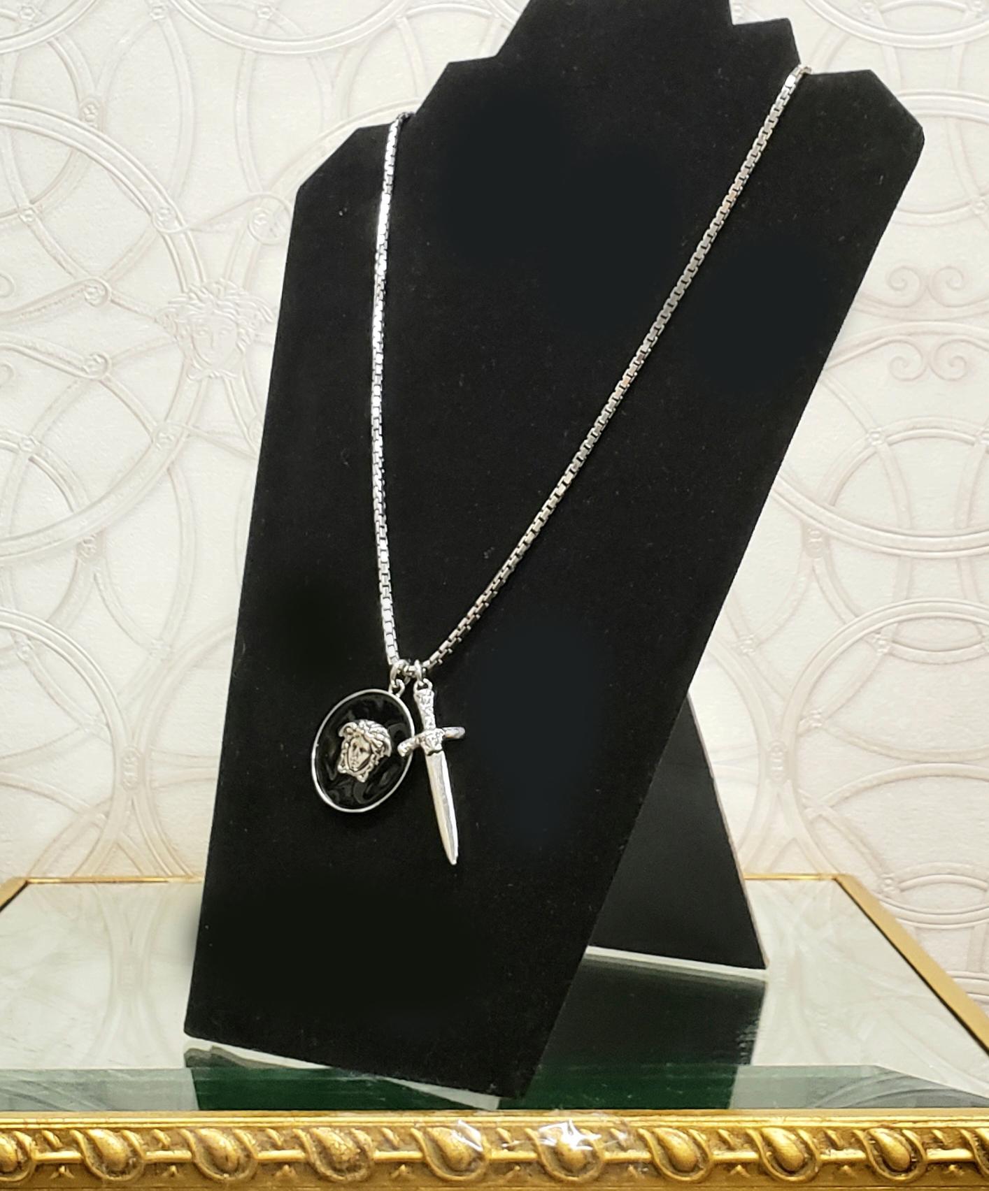 Women's or Men's Spring 2011 L# 5 NEW VERSACE SILVER TONE METAL MEDUSA and DAGGER NECKLACE For Sale