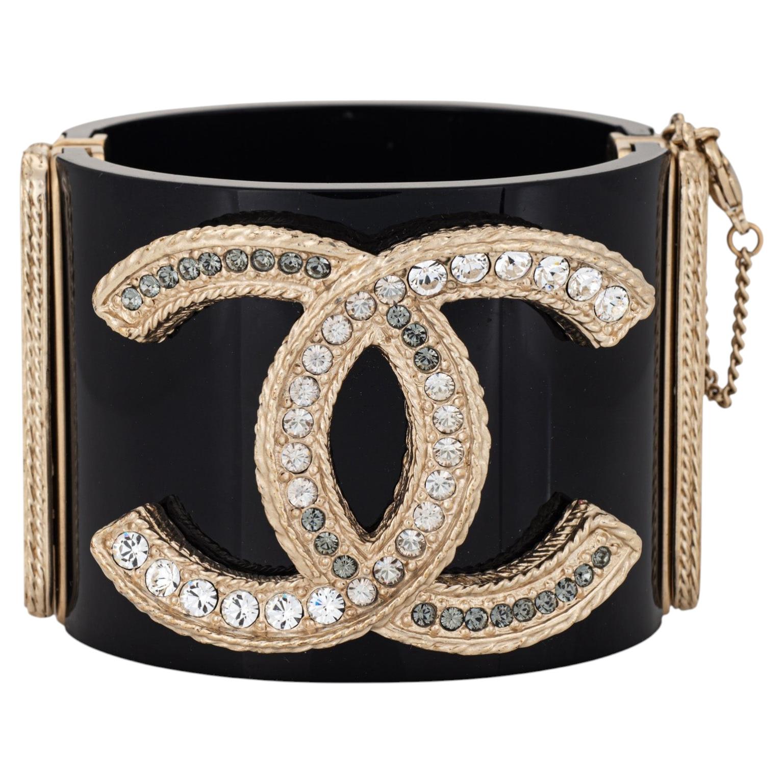 Spring 2012 Chanel Black Lucite Cuff Bracelet 2" Wide CC Crystal Logo