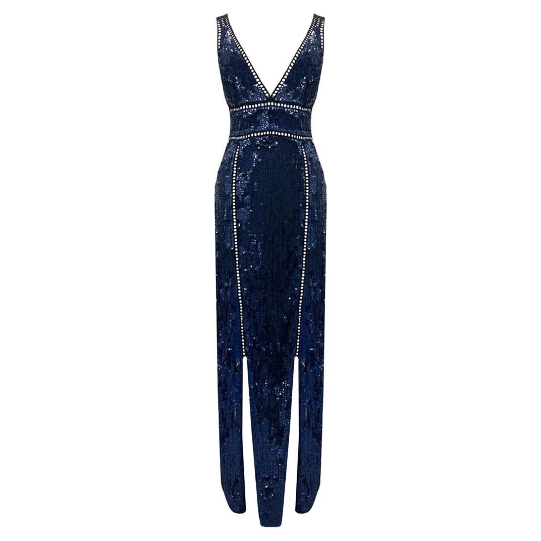 Spring 2016 EMILIO PUCCI VISCOSE NAVY BLUE LONG SEQUIN DRESS size M