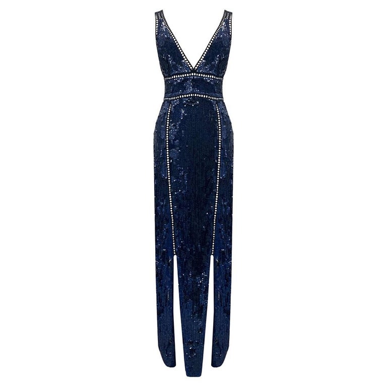 Spring 2016 EMILIO PUCCI VISCOSE NAVY BLUE LONG SEQUIN DRESS size M For  Sale at 1stDibs