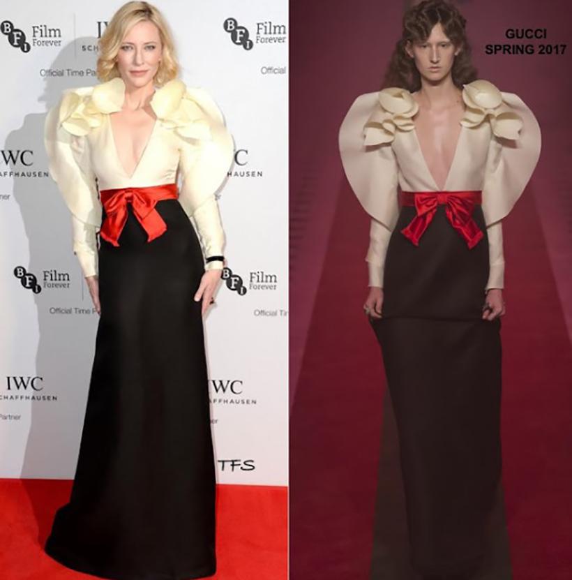 GUCCI dress as seen on Cate Blanchett at the IWC 2016 Gala

Gucci Evening Gown
From the Spring 2017 Collection by Alessandro Michele
Color: Black
Color block Pattern
Three-Quarter Sleeve with V-Neck
Concealed Zip Closure at Back

Content: 59% Silk,