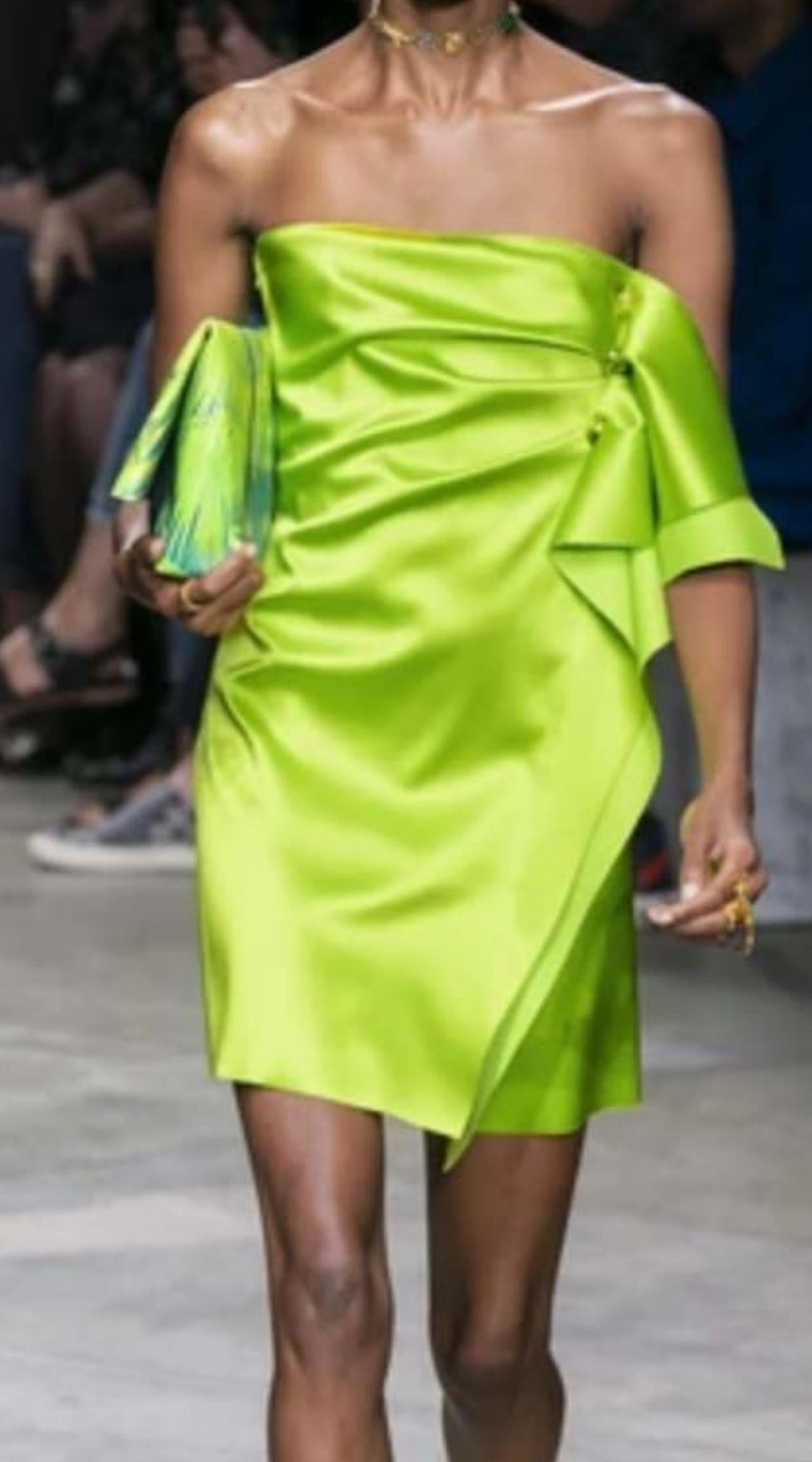 Yellow Spring 2020 Look #42 LIME SATIN STRAPLESS DRESS as seen as Selena 40 - 4 For Sale