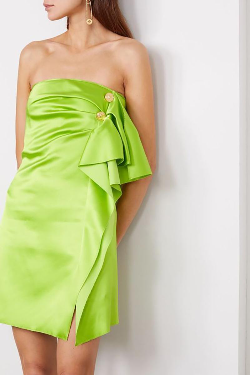 Spring 2020 Look #42 LIME SATIN STRAPLESS DRESS as seen as Selena 40 - 4 For Sale 2