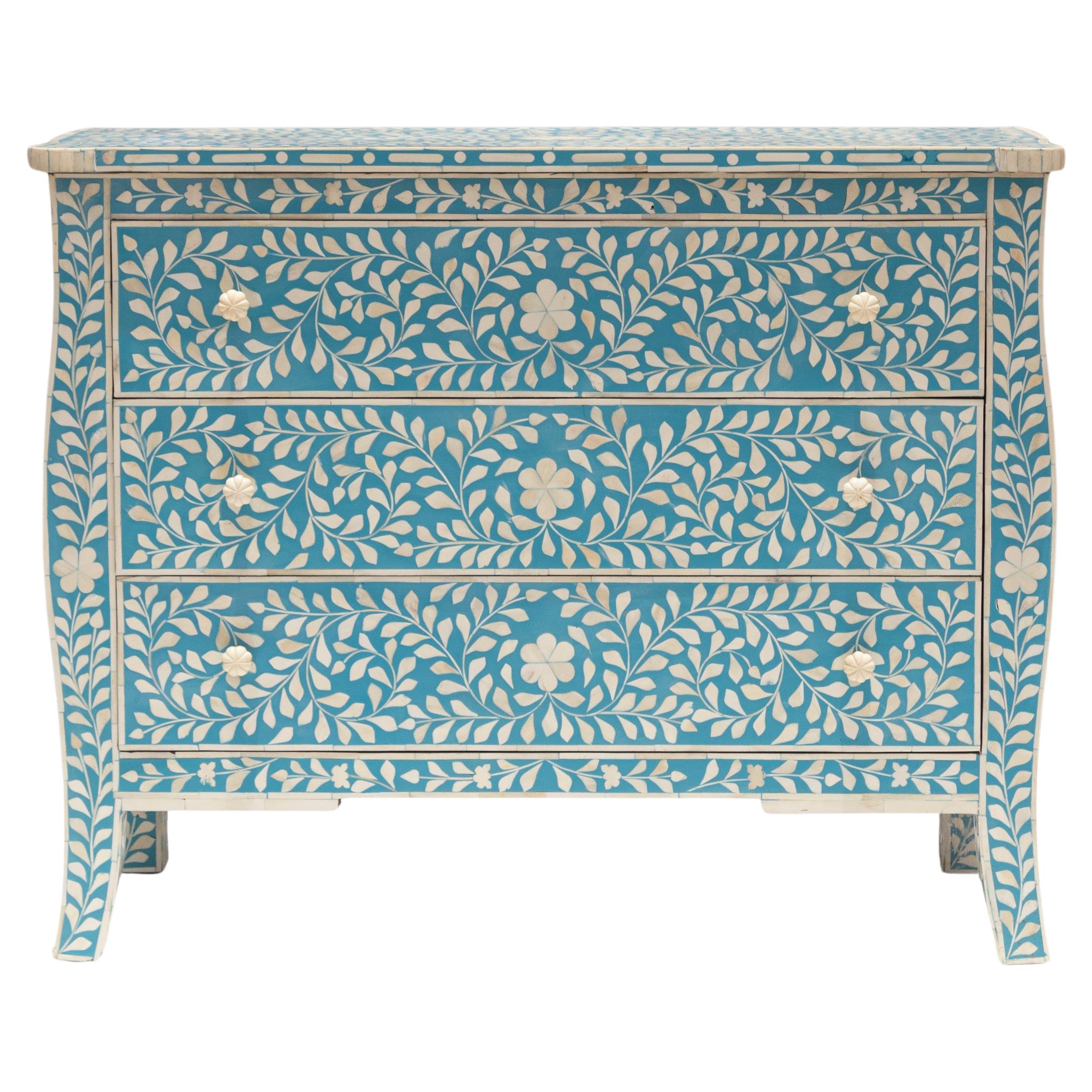 Spring Anglo Indian Blue Three Drawer Dresser For Sale