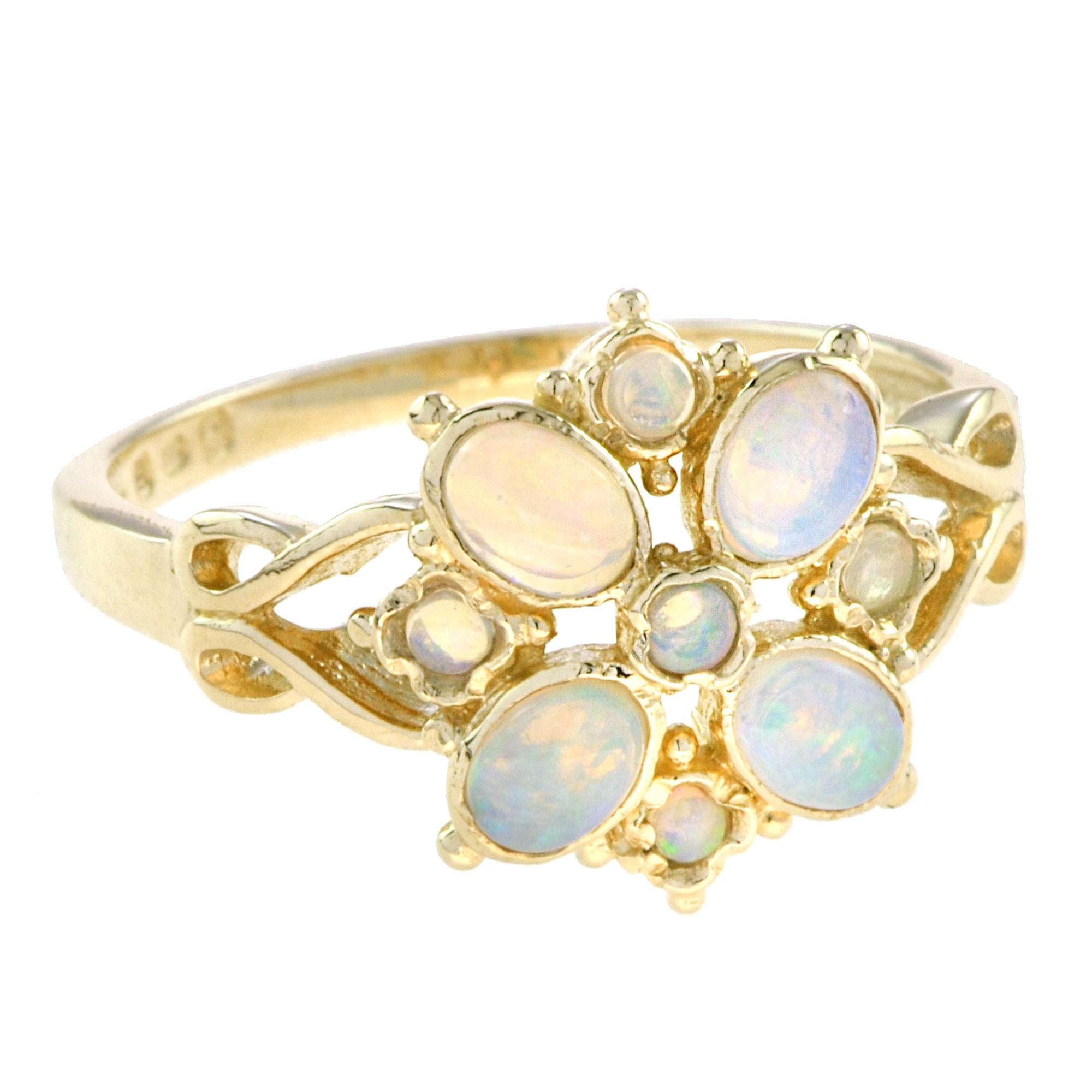 The best bloom is the one you can wear! A glorious flower comes to life in the round and oval opal. Set in polished 14K yellow gold.
Ring Information
Style: Vintage
Weight: 3.12 g. (approx. total weight)
Center Gemstones
Type: Opal
Shape: Oval
Size: