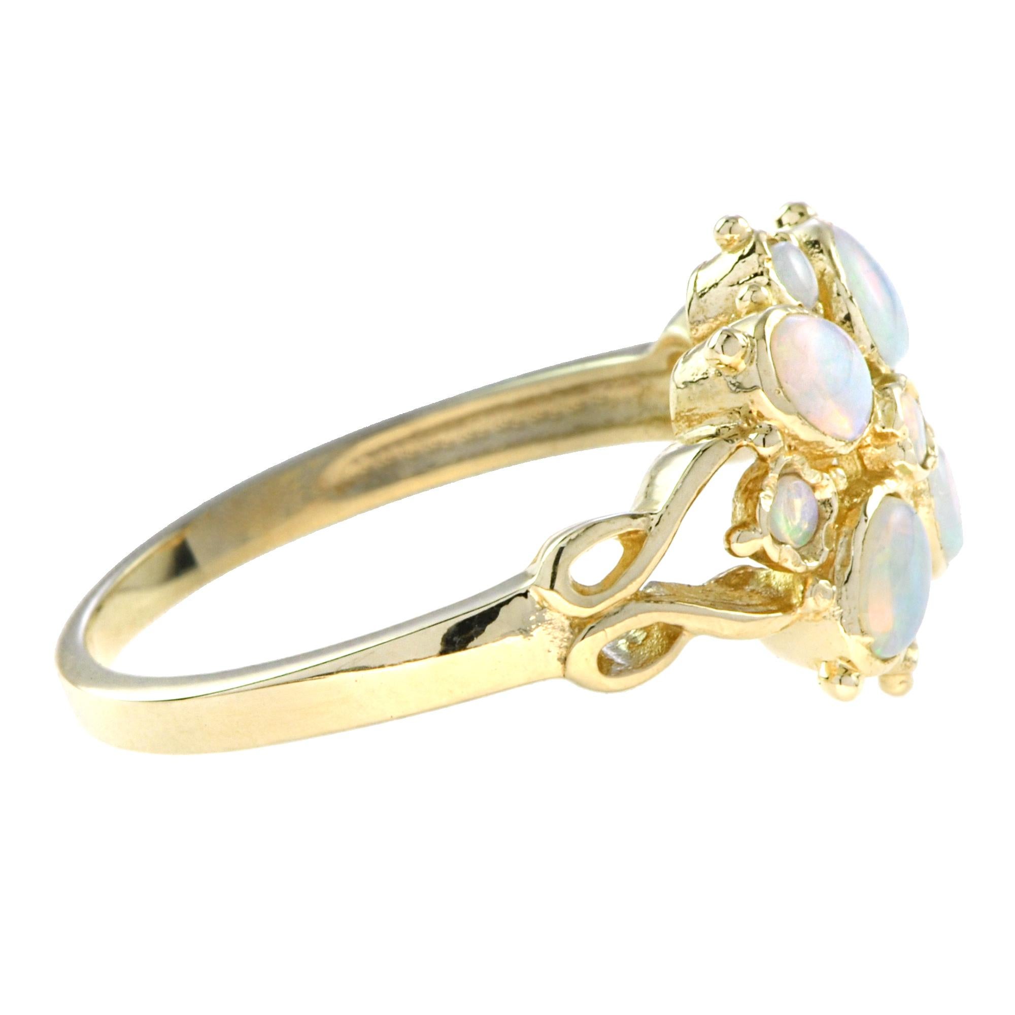 Oval Cut Spring Bloom Pure White Opal Floral Flower Vintage Style 14K Yellow Gold Ring For Sale
