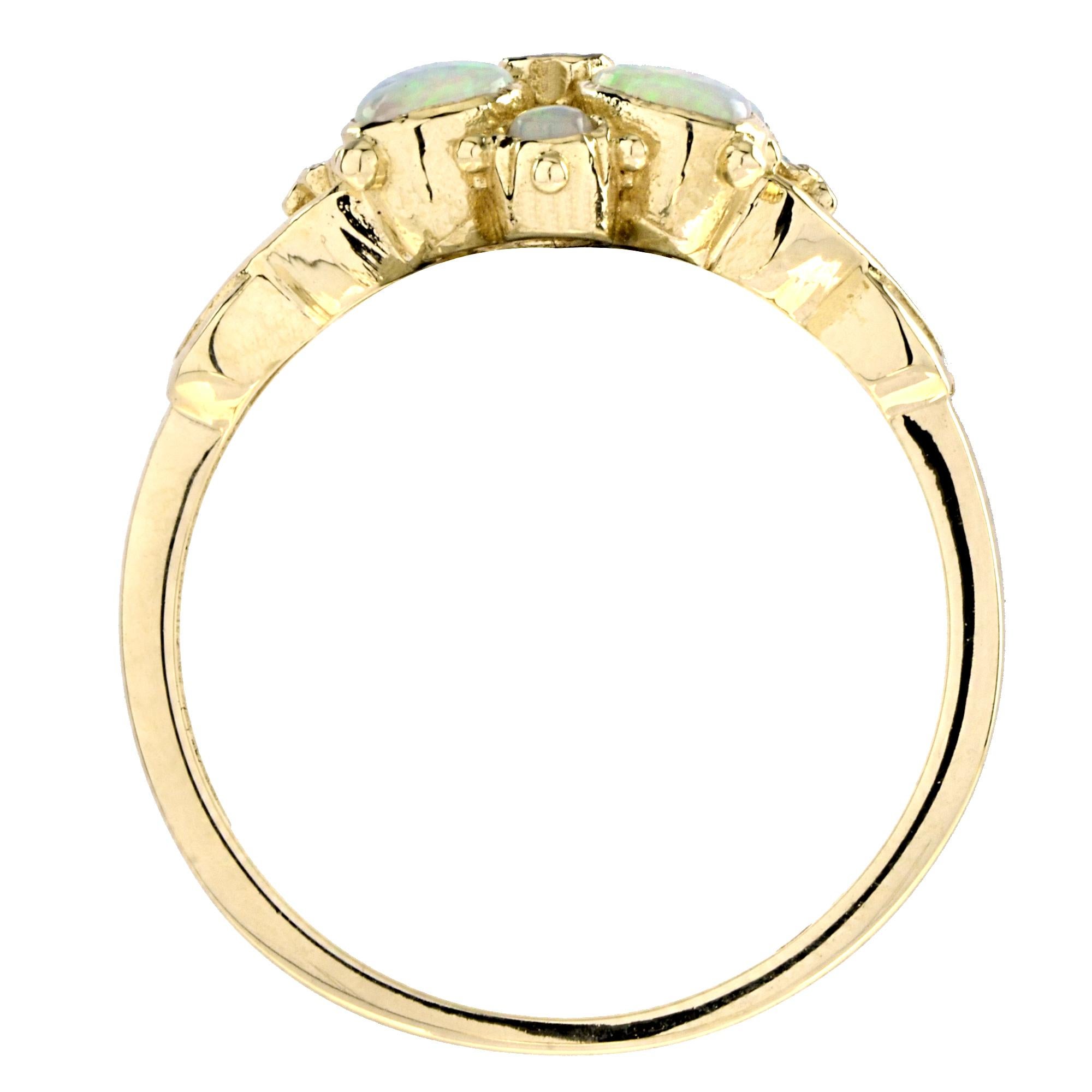 Spring Bloom Pure White Opal Floral Flower Vintage Style 14K Yellow Gold Ring In New Condition For Sale In Oakton, VA
