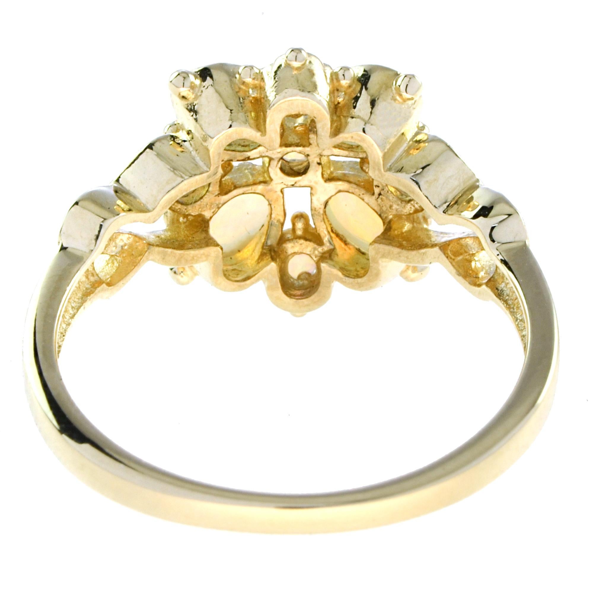 Women's Spring Bloom Pure White Opal Floral Flower Vintage Style 14K Yellow Gold Ring For Sale