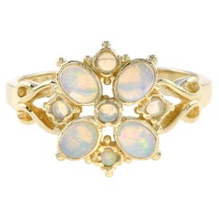 Spring Bloom Pure White Opal Floral Flower Vintage Style 14K Yellow Gold Ring