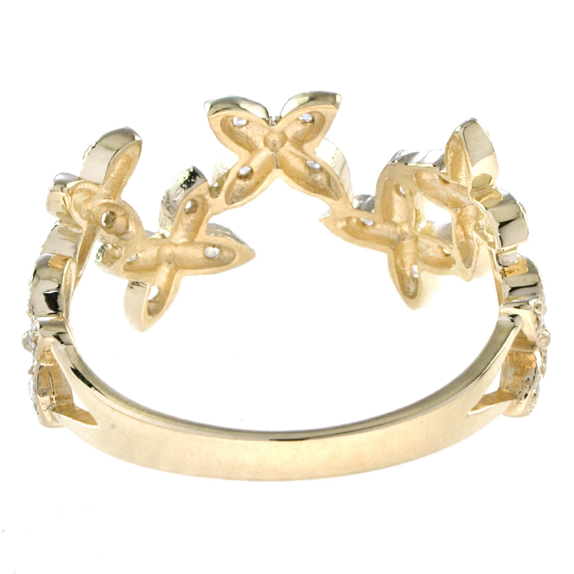 Round Cut Spring Bloom Romantic Floral Clover Motifs Diamond Half Eternity 14K Gold Ring For Sale
