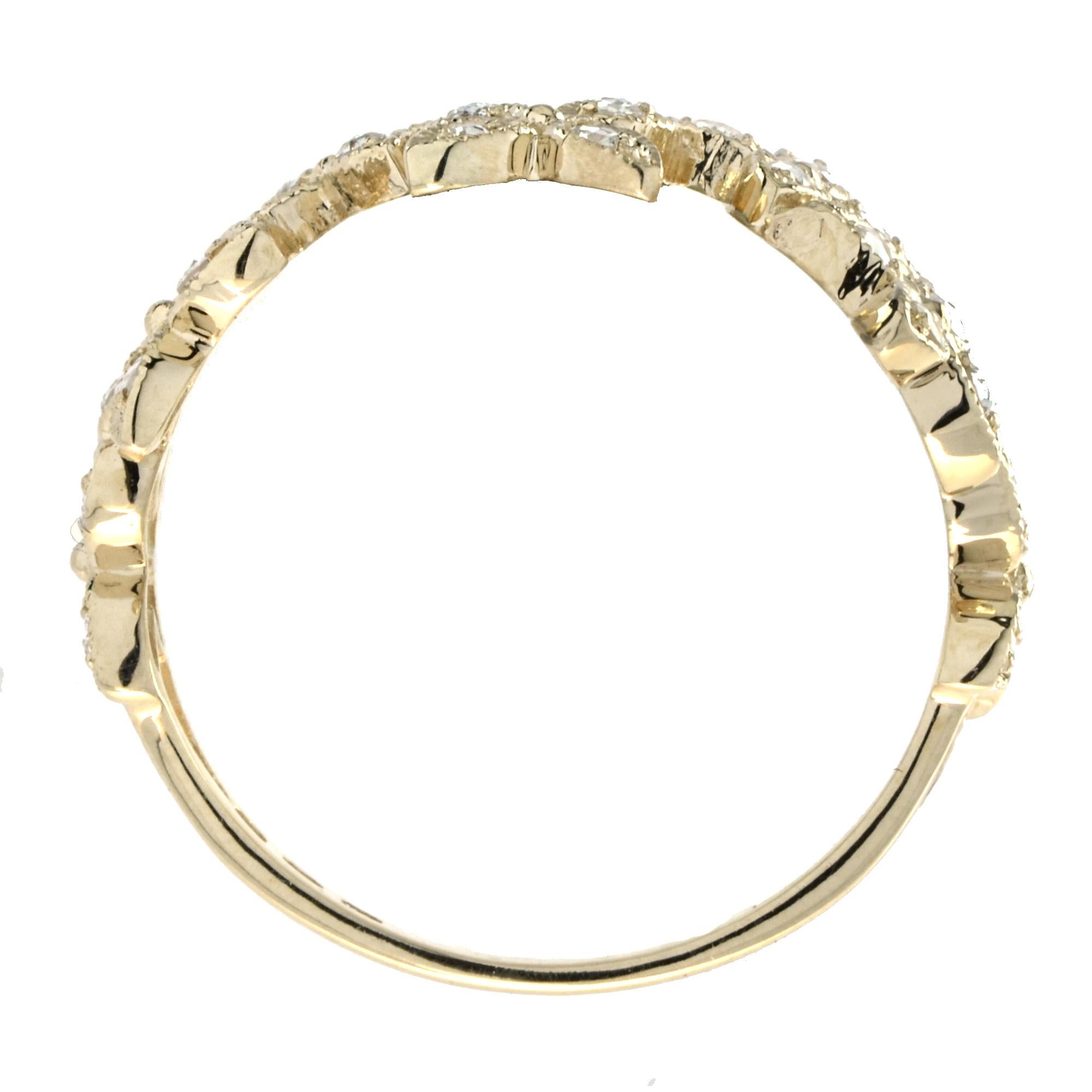 Spring Bloom Romantic Floral Clover Motifs Diamond Half Eternity 14K Gold Ring In New Condition For Sale In Oakton, VA