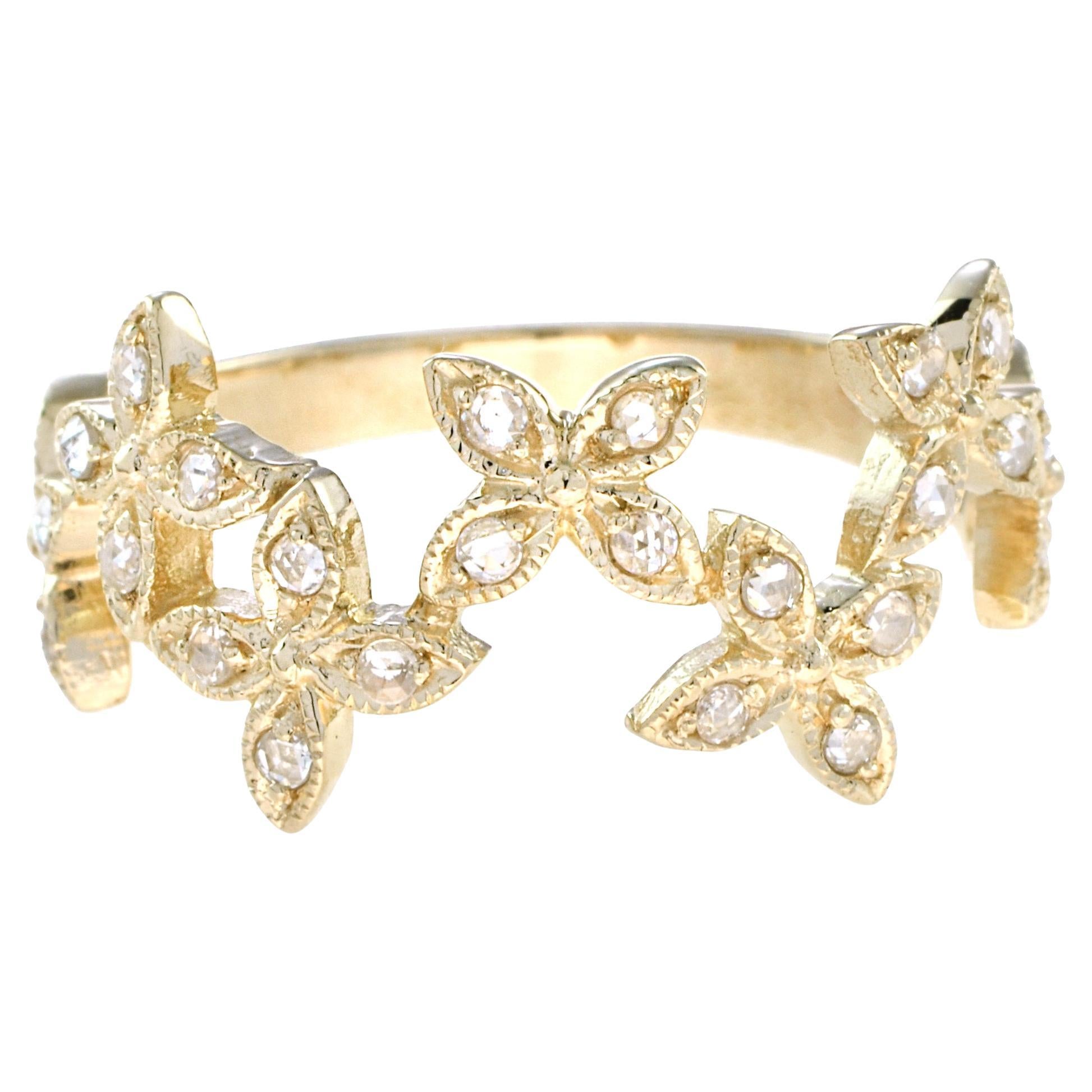 Spring Bloom Romantic Floral Clover Motifs Diamond Half Eternity 14K Gold Ring For Sale