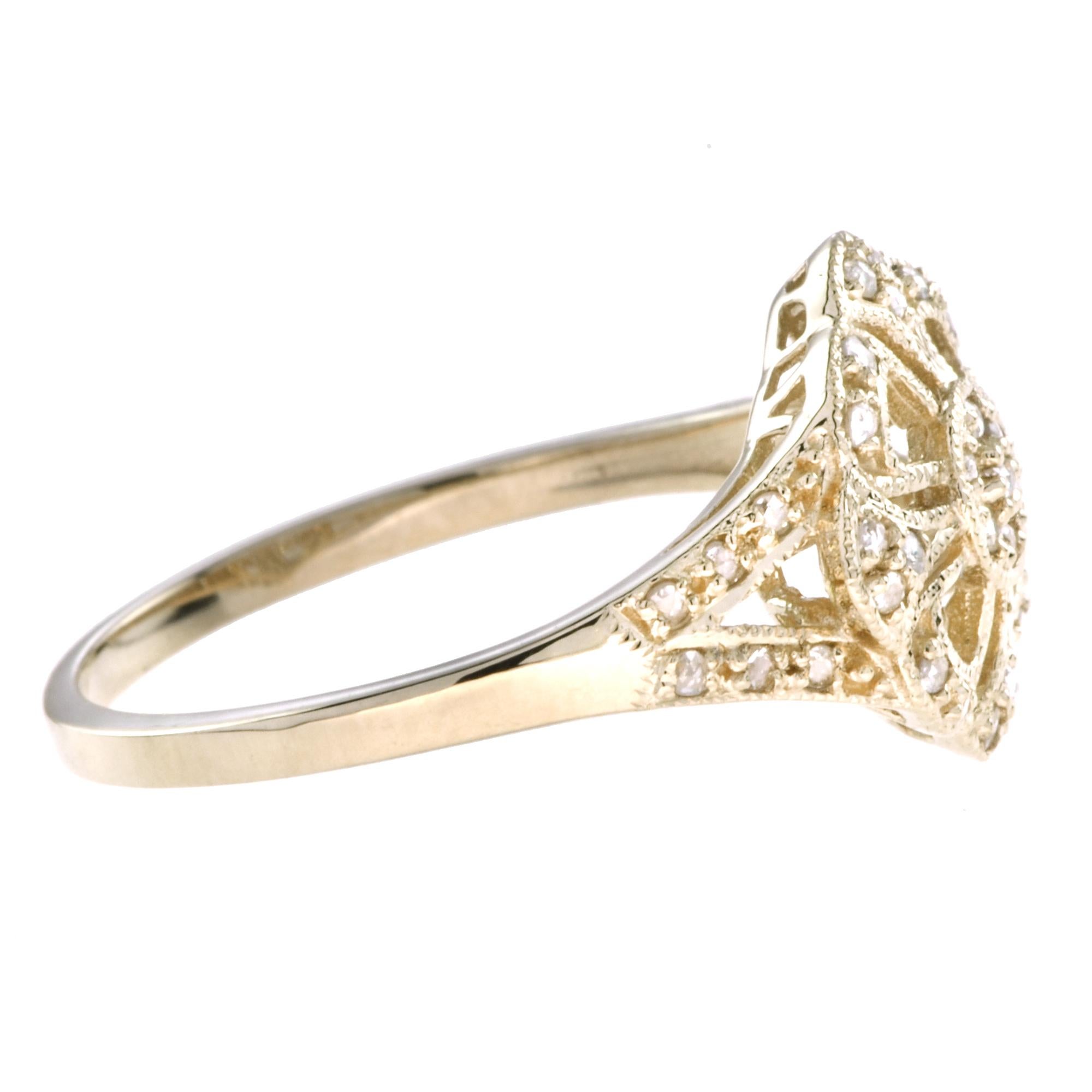 Round Cut Spring Bloom Vintage Style Edwardian Inspired Diamond 14K Yellow Gold Ring For Sale