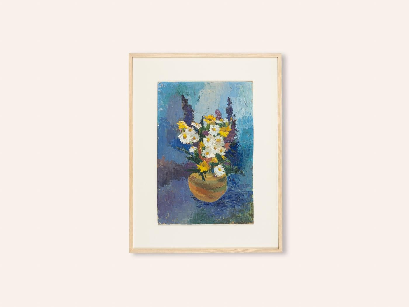 German Spring Bouquet Oil on Hardboard Still Life Framed Spring Flowers White Blue For Sale