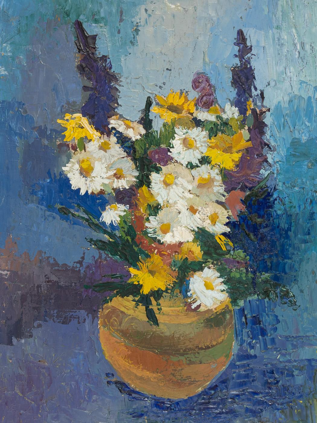 Painted Spring Bouquet Oil on Hardboard Still Life Framed Spring Flowers White Blue For Sale