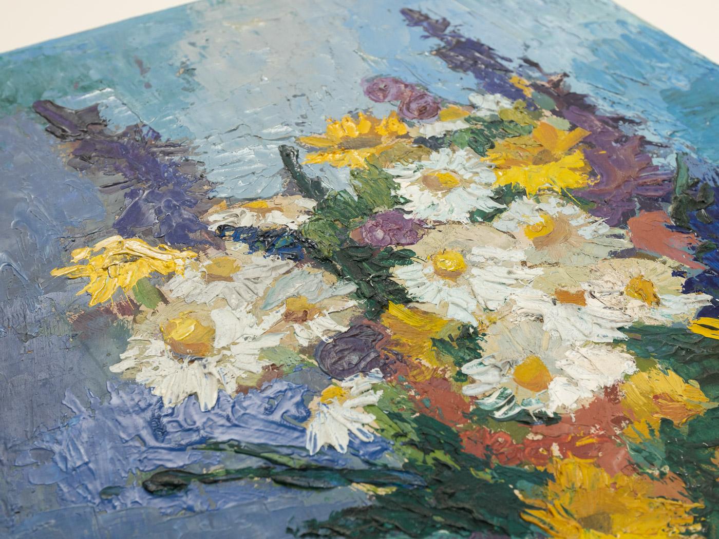 Ash Spring Bouquet Oil on Hardboard Still Life Framed Spring Flowers White Blue For Sale