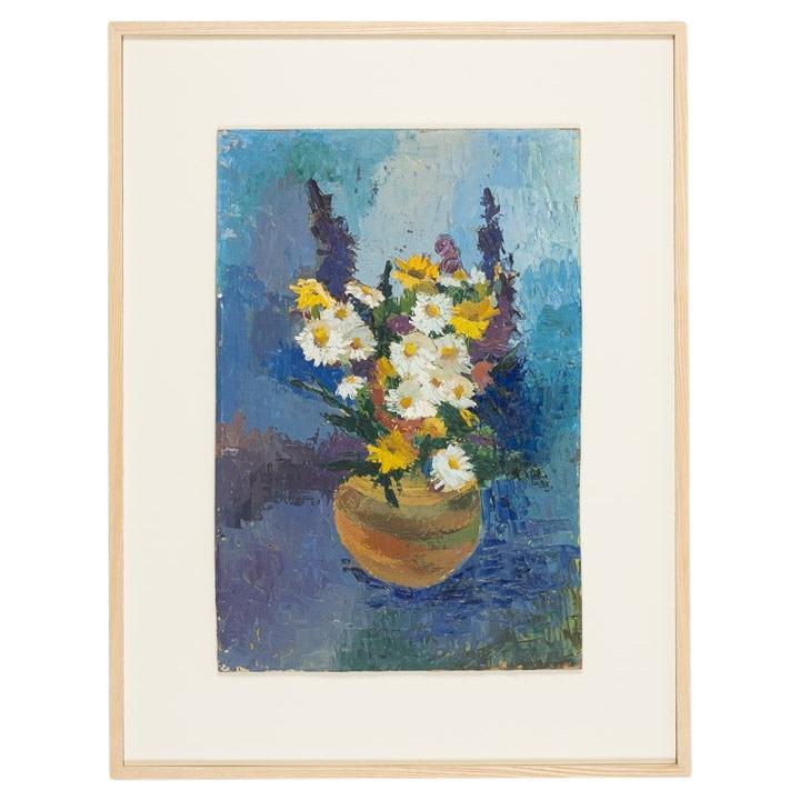 Spring Bouquet Oil on Hardboard Still Life Framed Spring Flowers White Blue For Sale