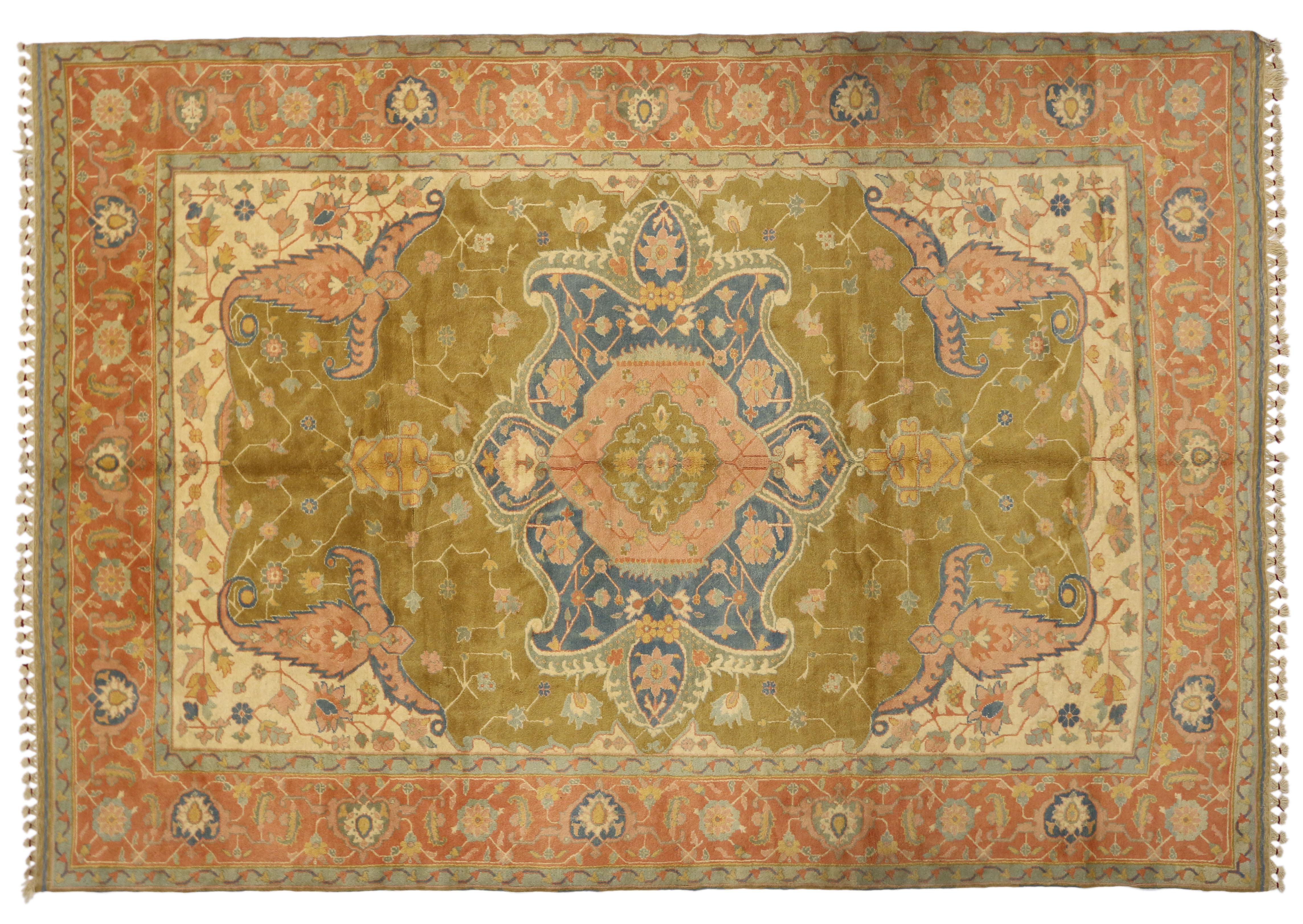 Hand-Knotted Vintage Turkish Oushak Rug with Georgian Country Cottage Style