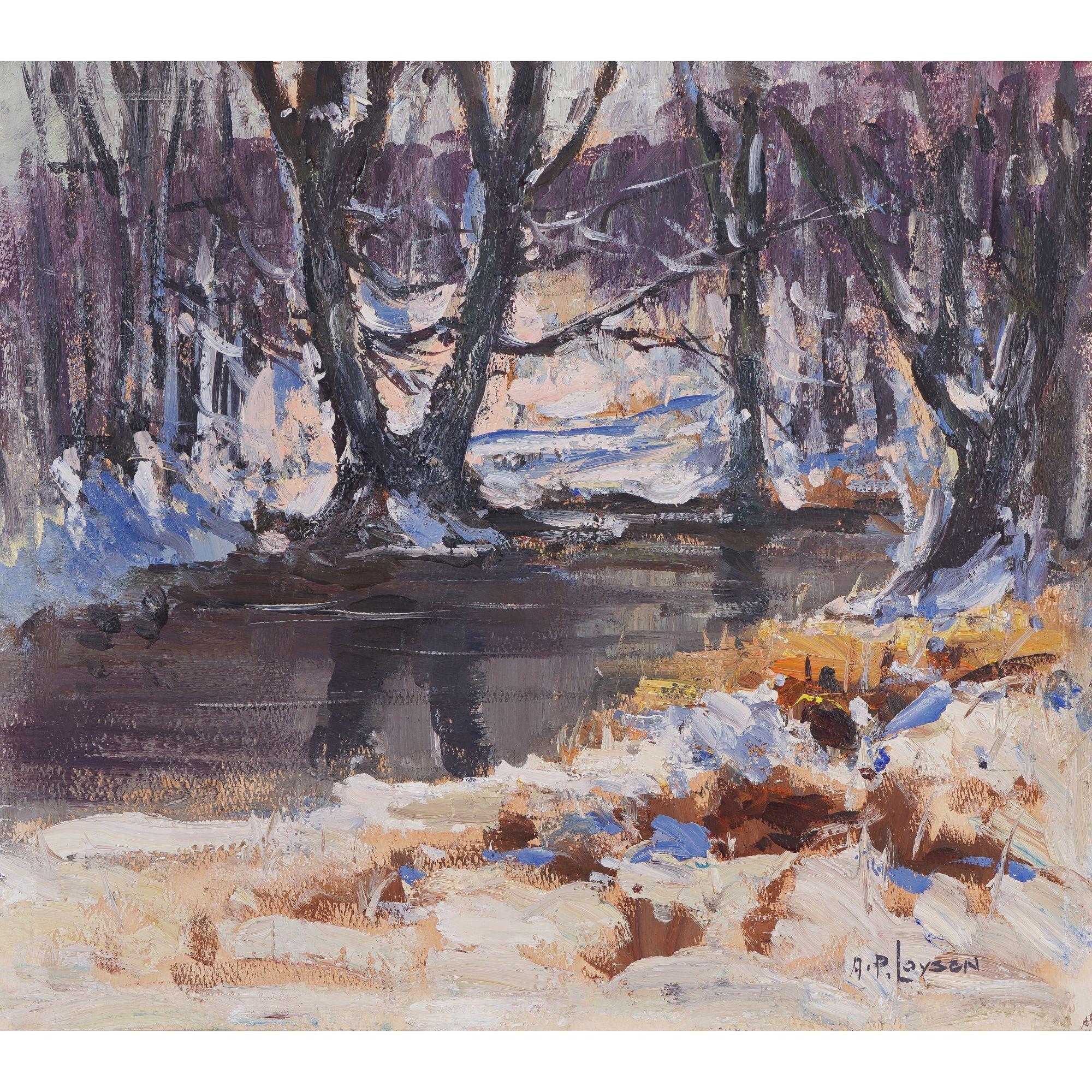 Richly painted oil on paper of a snowy river landscape. The view is through a wood with a pond or a stream in the midground and a snowy embankment in the foreground. As a post impressionist Tonalist work it is executed in two contrasting colors, 