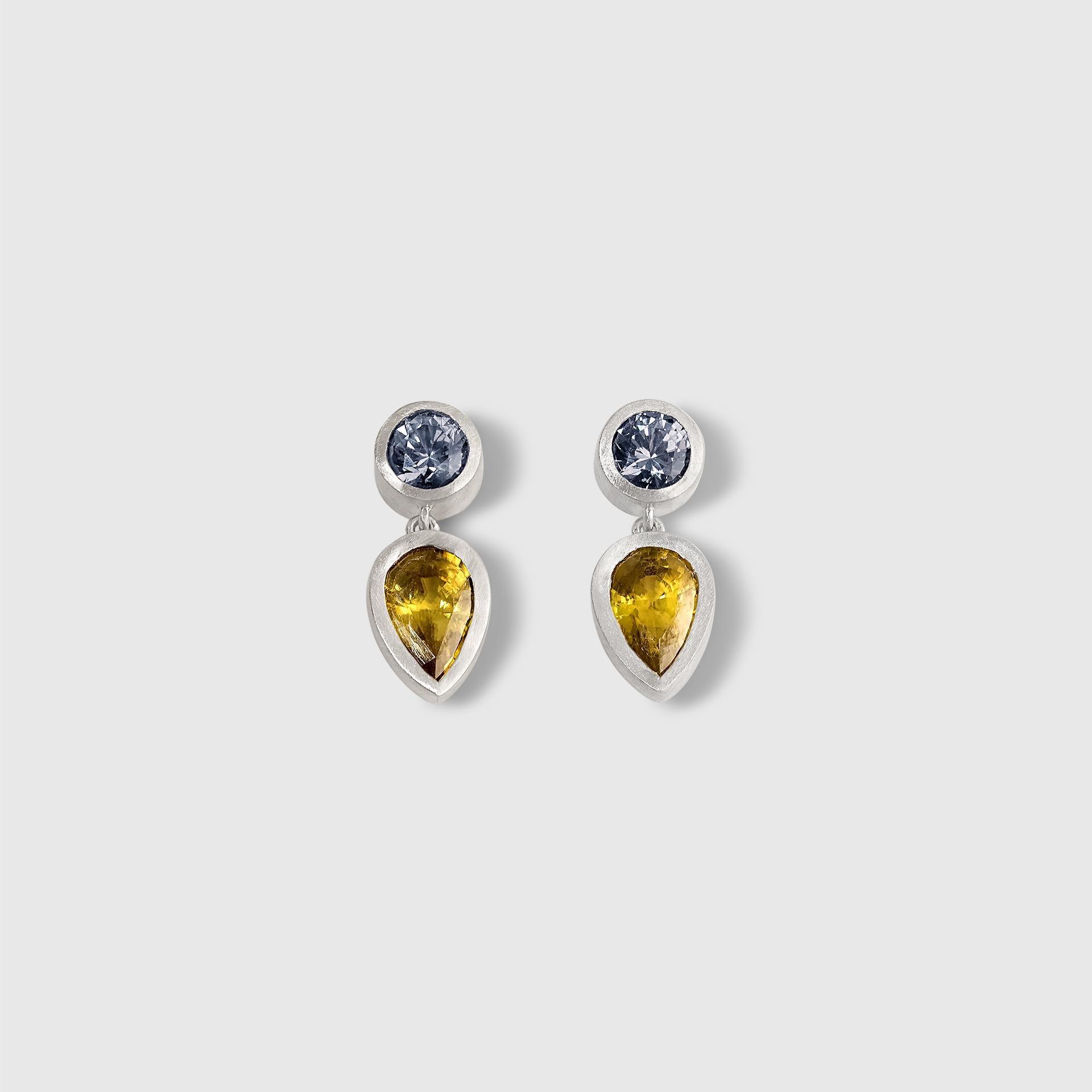 Contemporary Spring Duet Earrings, Grey Spinels & Pear Shaped Yellow Sphenes 14kt White Gold For Sale