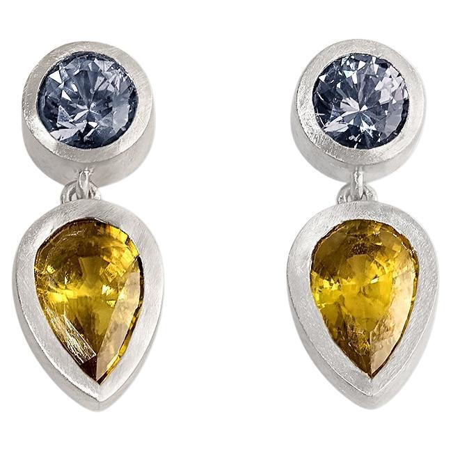 Spring Duet Earrings, Grey Spinels & Pear Shaped Yellow Sphenes 14kt White Gold For Sale
