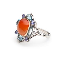 Spring Fairy Ring in 14k White Gold Set with Carnelian Aquamarine and Tanzanite