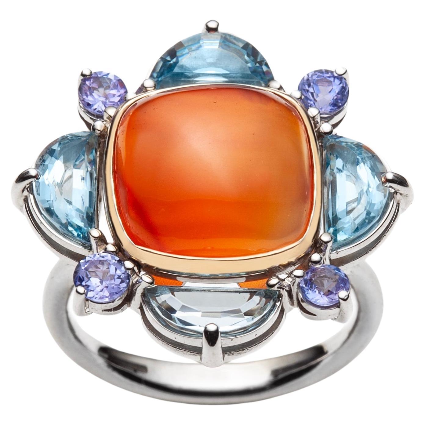 Spring Fairy Ring in 14k White Gold Set with Carnelian Aquamarine and Tanzanite