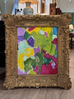 "Giardino di primavera" Olio e acrilico astratto di un artista ceco in cornice dorata