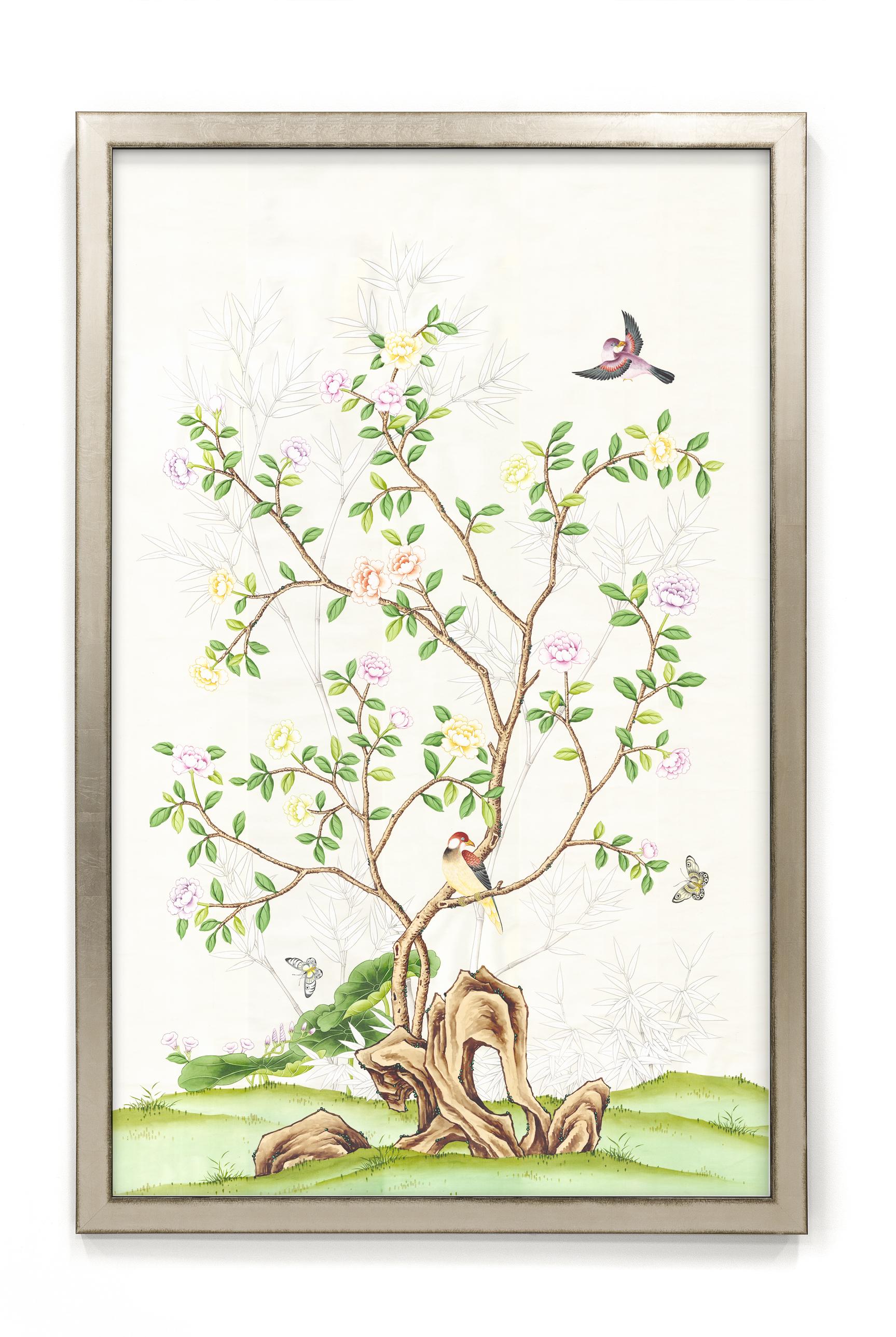 Spring is a pair of hand painted pieces of artwork depicting exotic birds on stylized rock surround by trees. The artwork is hand painted using wash and opaques in a classic Chinoiserie style. These two art pieces have already been framed, and are