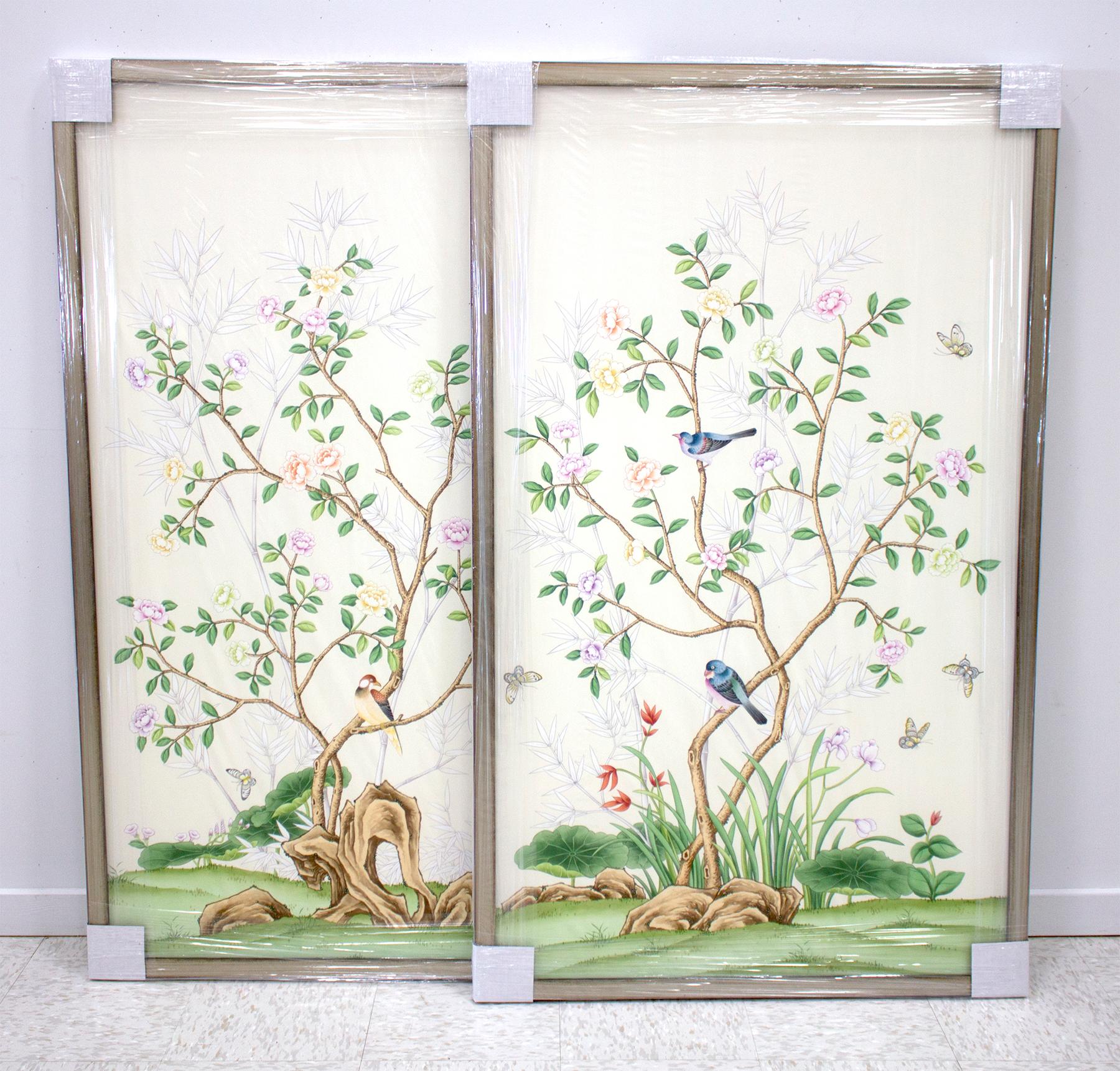 Contemporary Spring Garden Hand Painted Chinoiserie Diptych