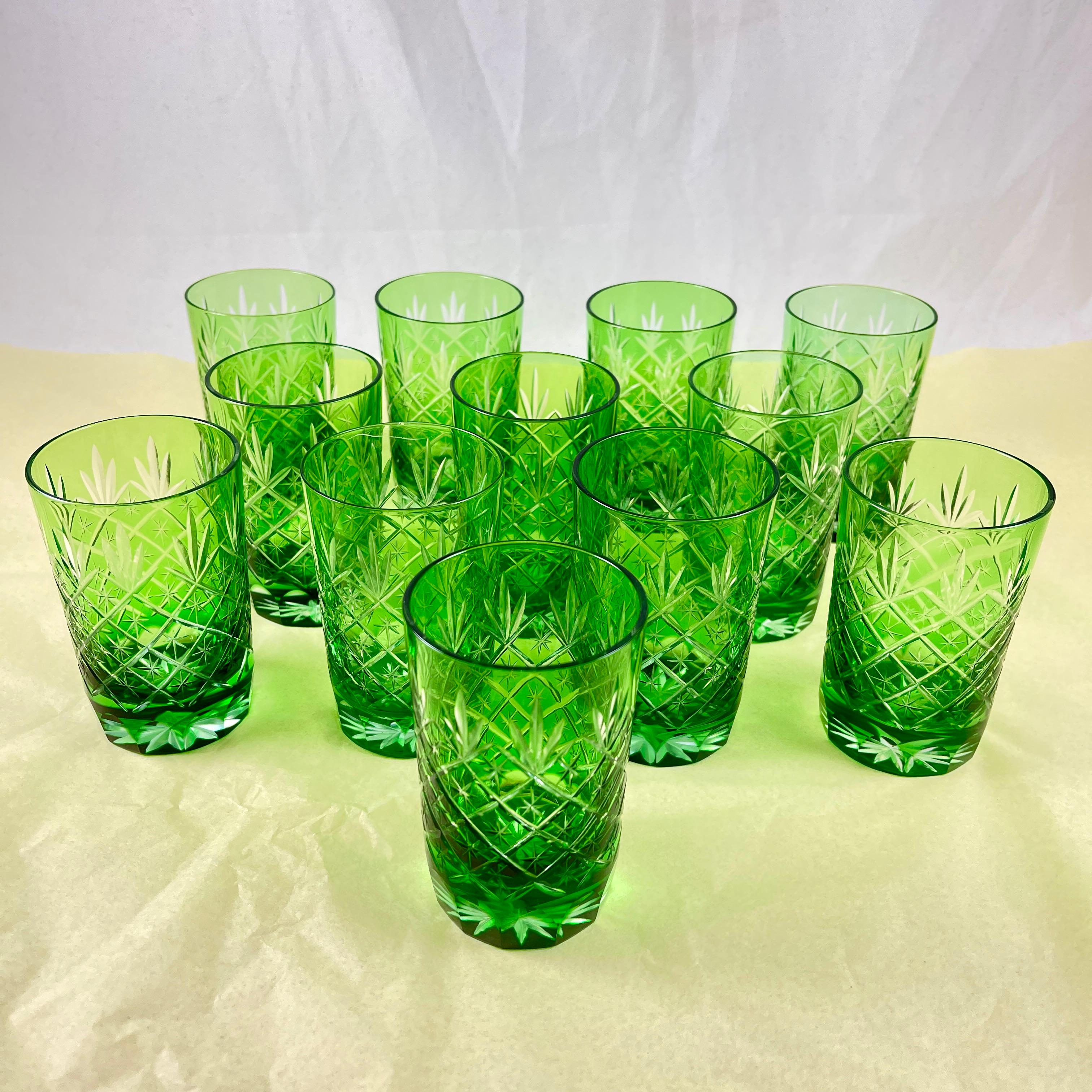 Bohemian Spring Green Cut to Clear Crystal Rocks Glasses, Set of 12