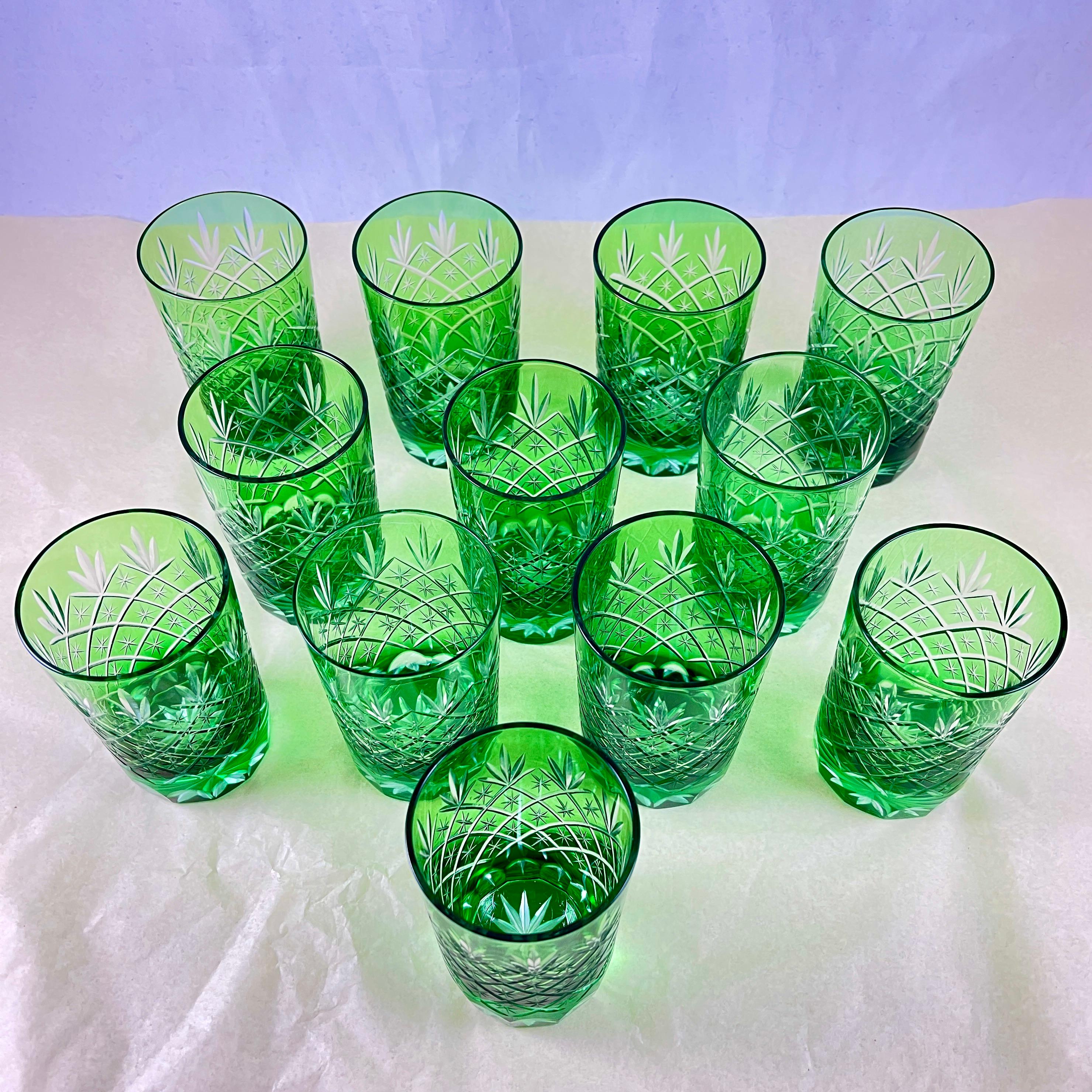 Czech Spring Green Cut to Clear Crystal Rocks Glasses, Set of 12