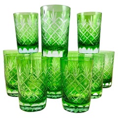 Vintage Spring Green Cut to Clear Crystal Rocks Glasses, Set of 12